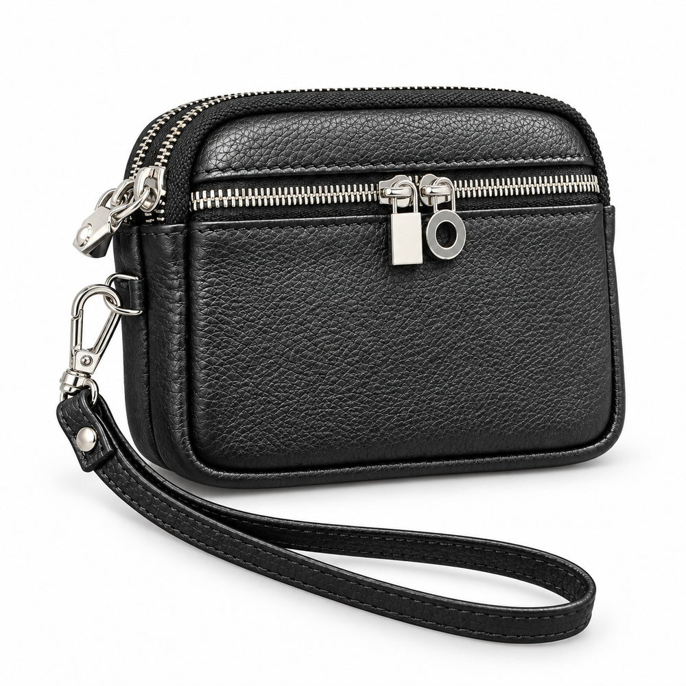 Black double-zip coin pouch with a front zip pocket, silver-tone pulls and wrist strap.
