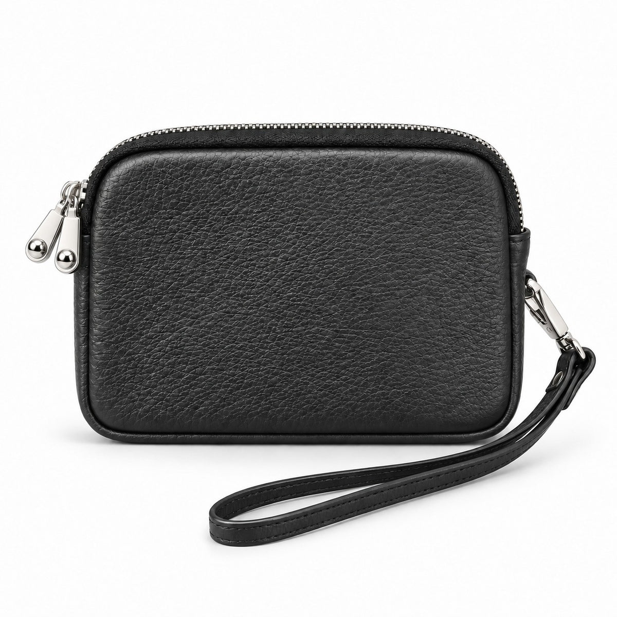 Rear view of a black coin pouch with two upper zipper pulls and an attached wrist strap.
