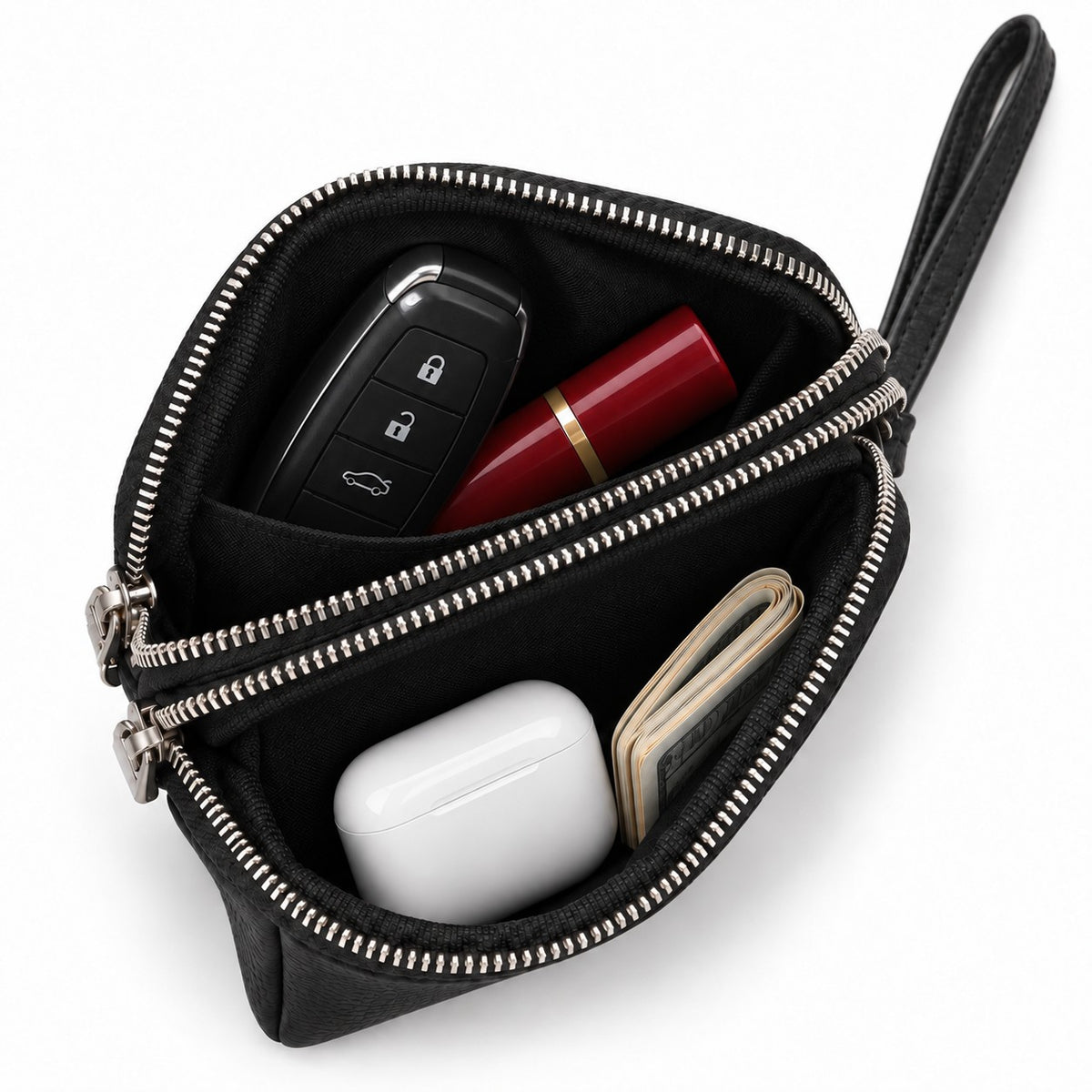 Open black pouch showing a key fob, lipstick, earbud case and folded banknotes beside center zippers.