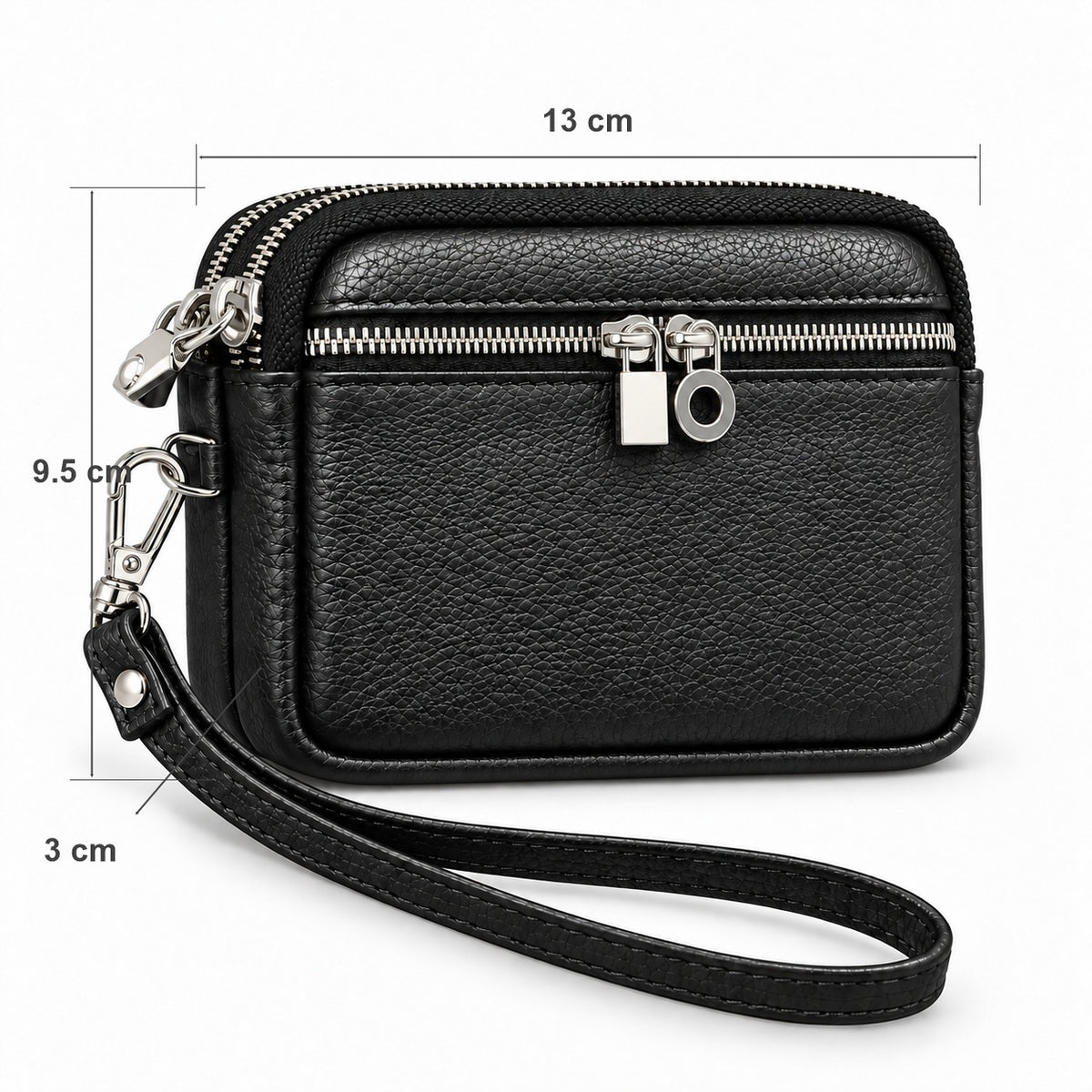 Black double-zip coin pouch diagram labeled 13 cm wide, 9.5 cm high and 3 cm deep.