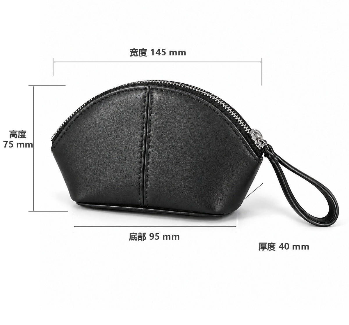 Shell-shaped pouch diagram labeled 145 mm wide, 75 mm high, 40 mm deep and 95 mm across the base.