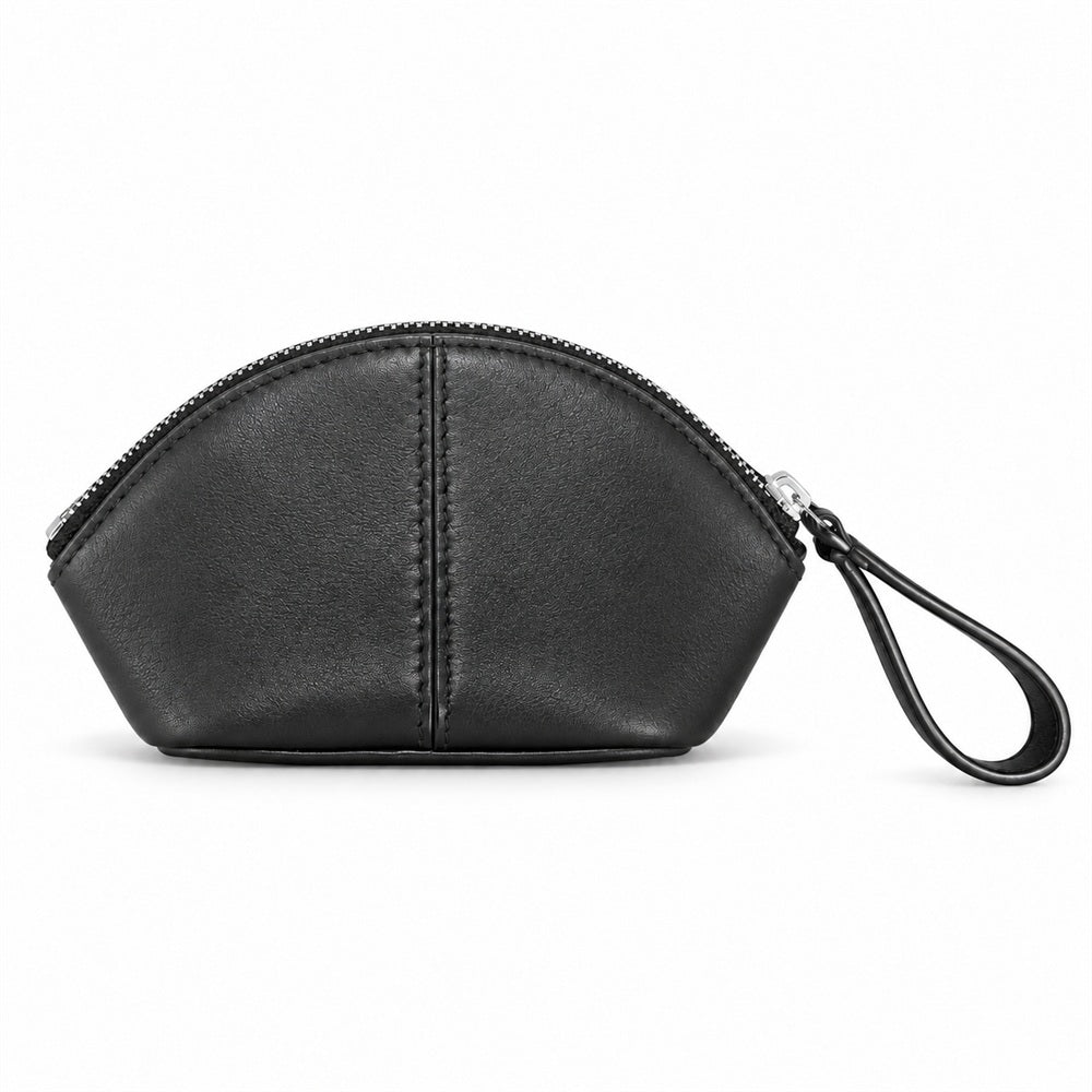 Front view of a black shell-shaped coin pouch showing a fine surface texture and wrist loop.