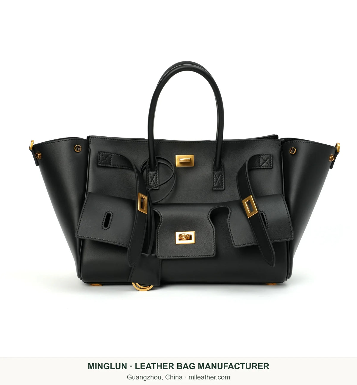 Black calfskin tote with front pockets and expanded side panels. MINGLUN manufacturer watermark at the bottom.