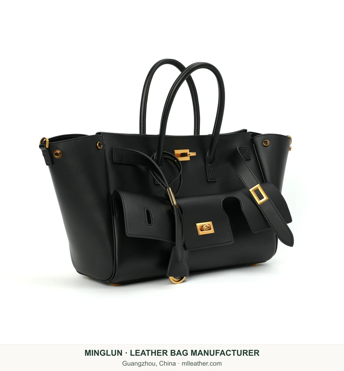 Black calfskin tote with expanded sides, three-quarter view. MINGLUN manufacturer watermark at the bottom.