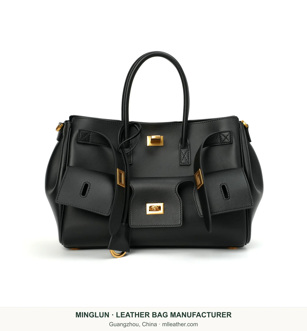 Front view of black calfskin tote with gathered sides. MINGLUN manufacturer watermark at the bottom.
