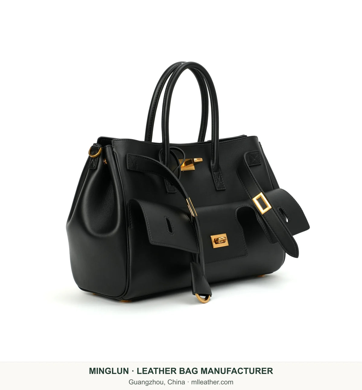 Black calfskin tote with gathered sides, three-quarter view. MINGLUN manufacturer watermark at the bottom.