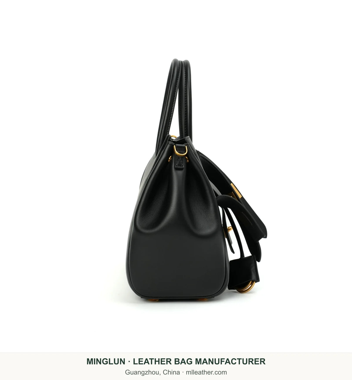 Side profile of black calfskin tote with twin handles. MINGLUN manufacturer watermark at the bottom.