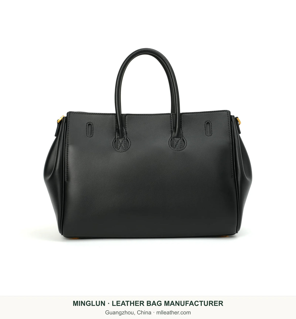 Rear view of black calfskin tote. MINGLUN manufacturer watermark at the bottom.