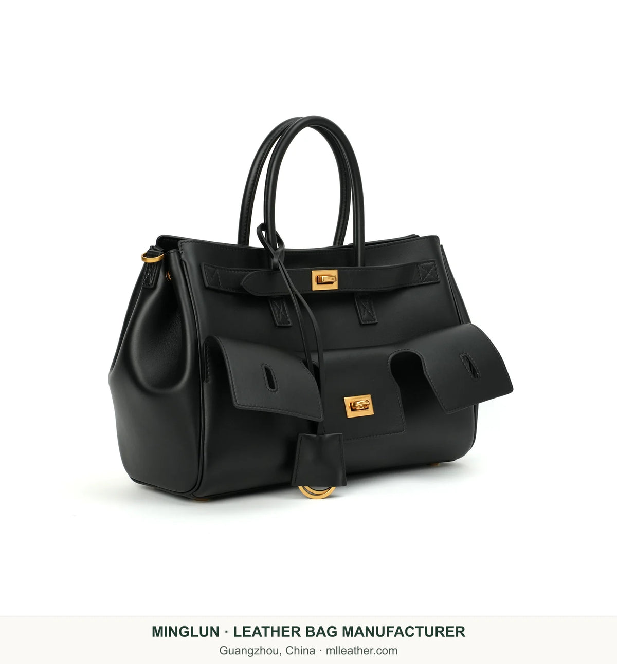 Black calfskin tote with the top strap fastened, three-quarter view. MINGLUN manufacturer watermark at the bottom.