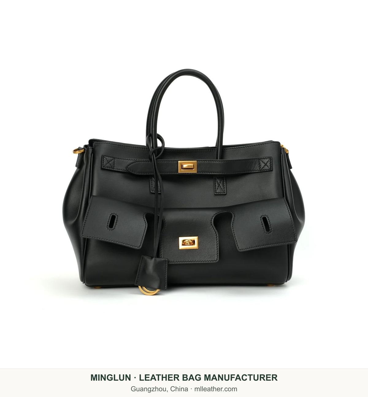 Front view of black calfskin tote with the top strap fastened. MINGLUN manufacturer watermark at the bottom.