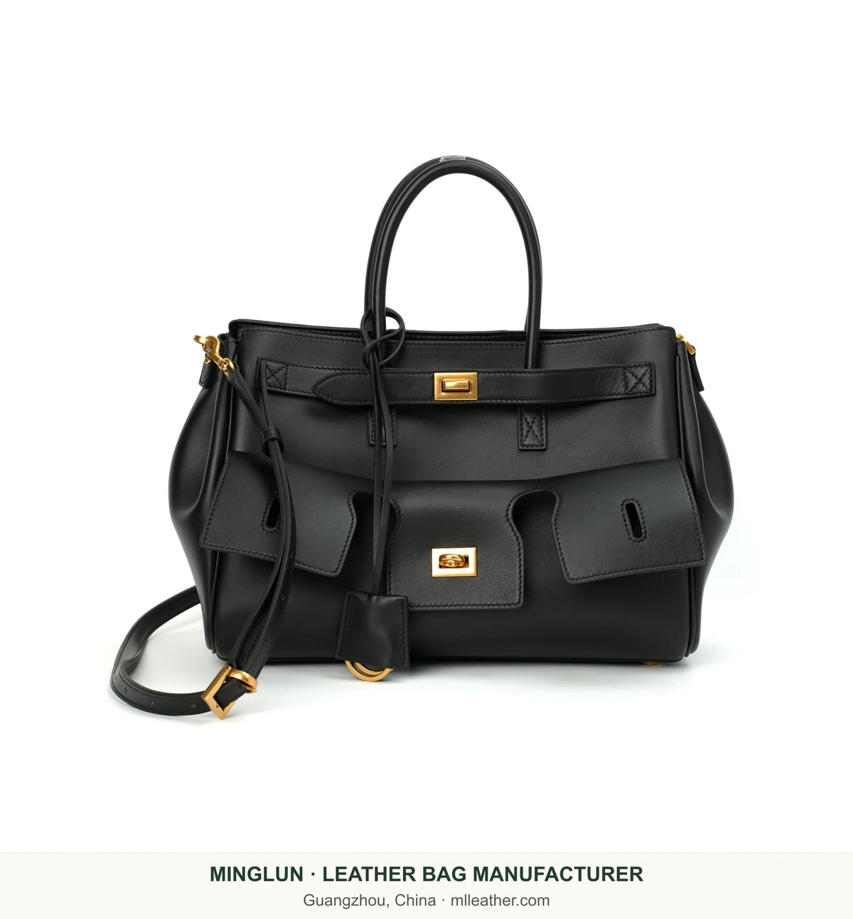 Black calfskin tote shown with its detachable shoulder strap. MINGLUN manufacturer watermark at the bottom.