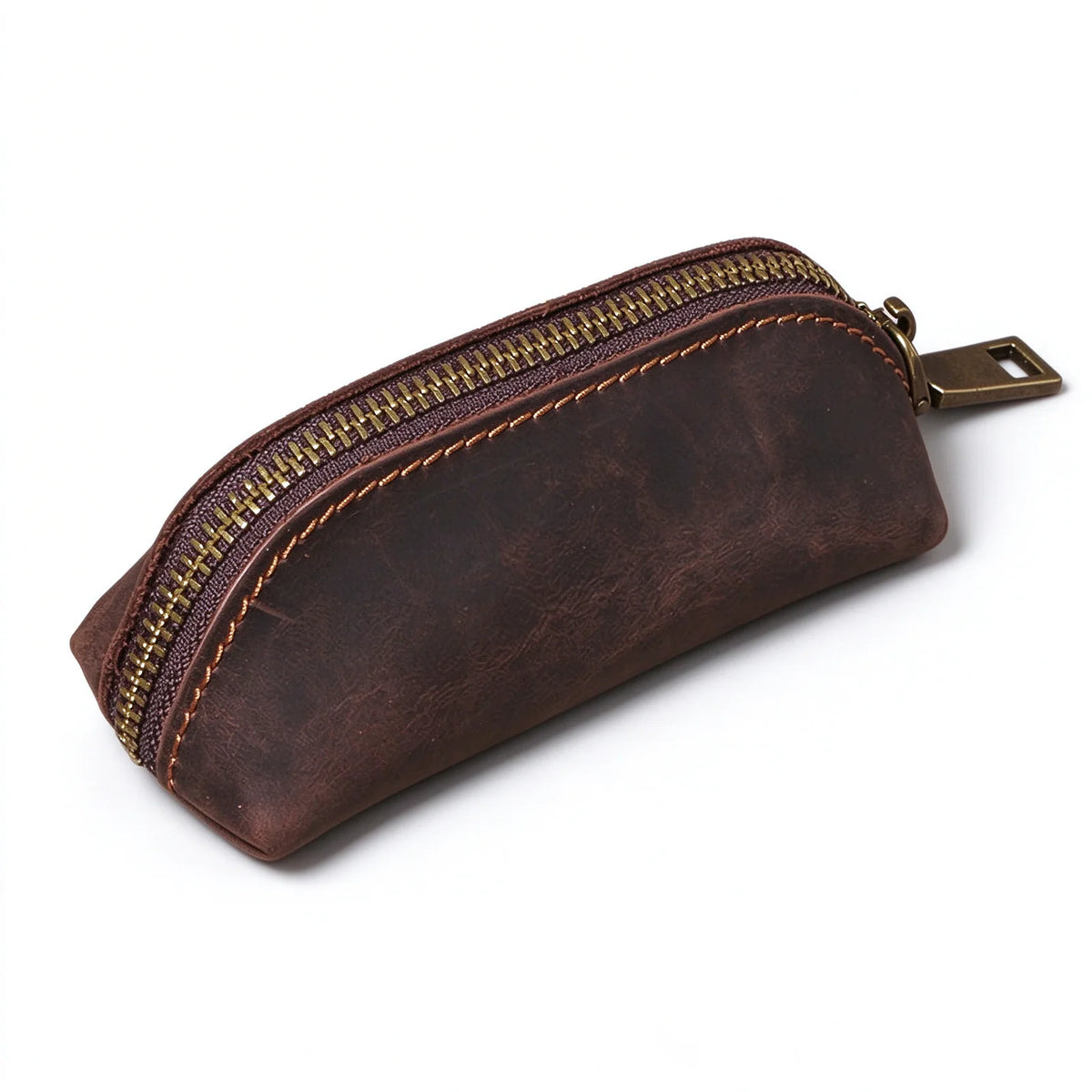 Reverse angled view of a dark brown leather key pouch with a curved zipper and contrast stitching.