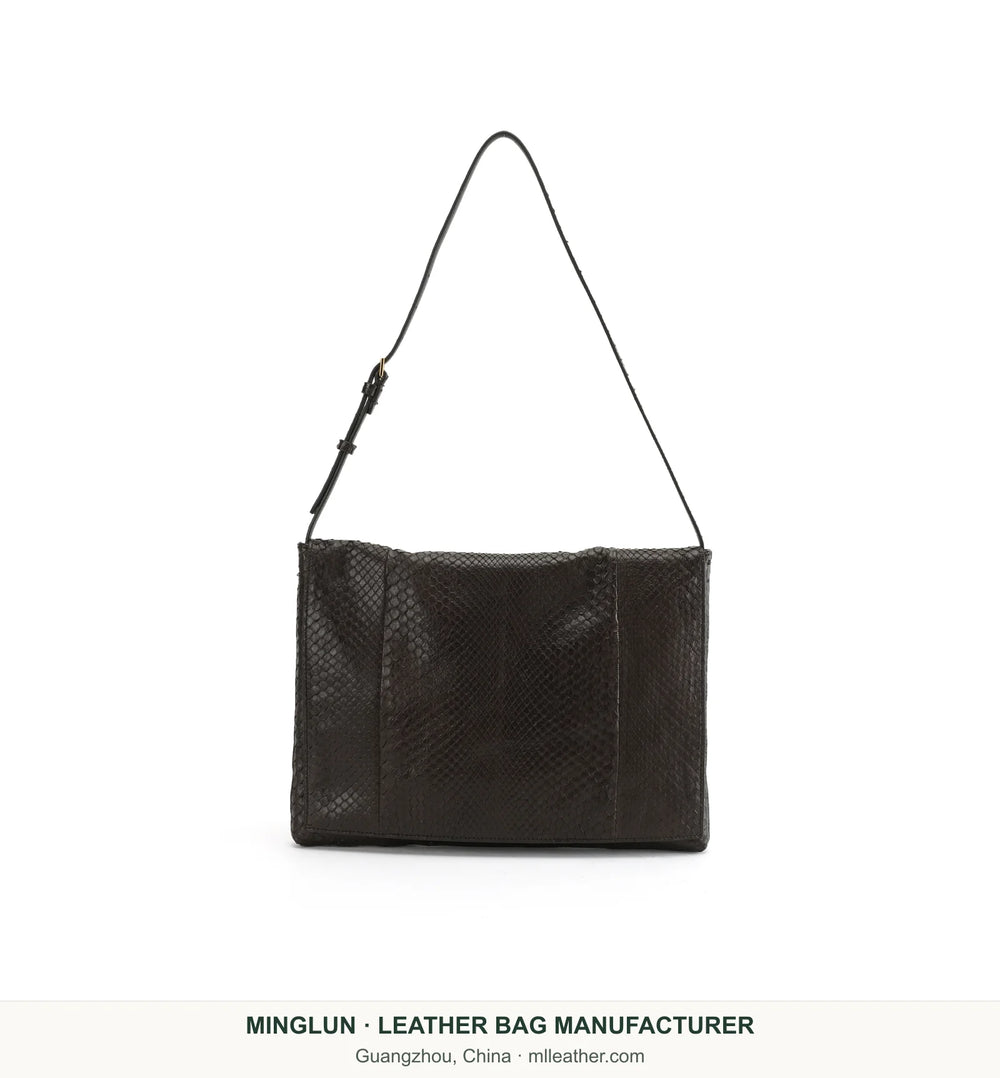 Dark brown snakeskin shoulder bag with an adjustable strap. MINGLUN manufacturer watermark at the bottom.