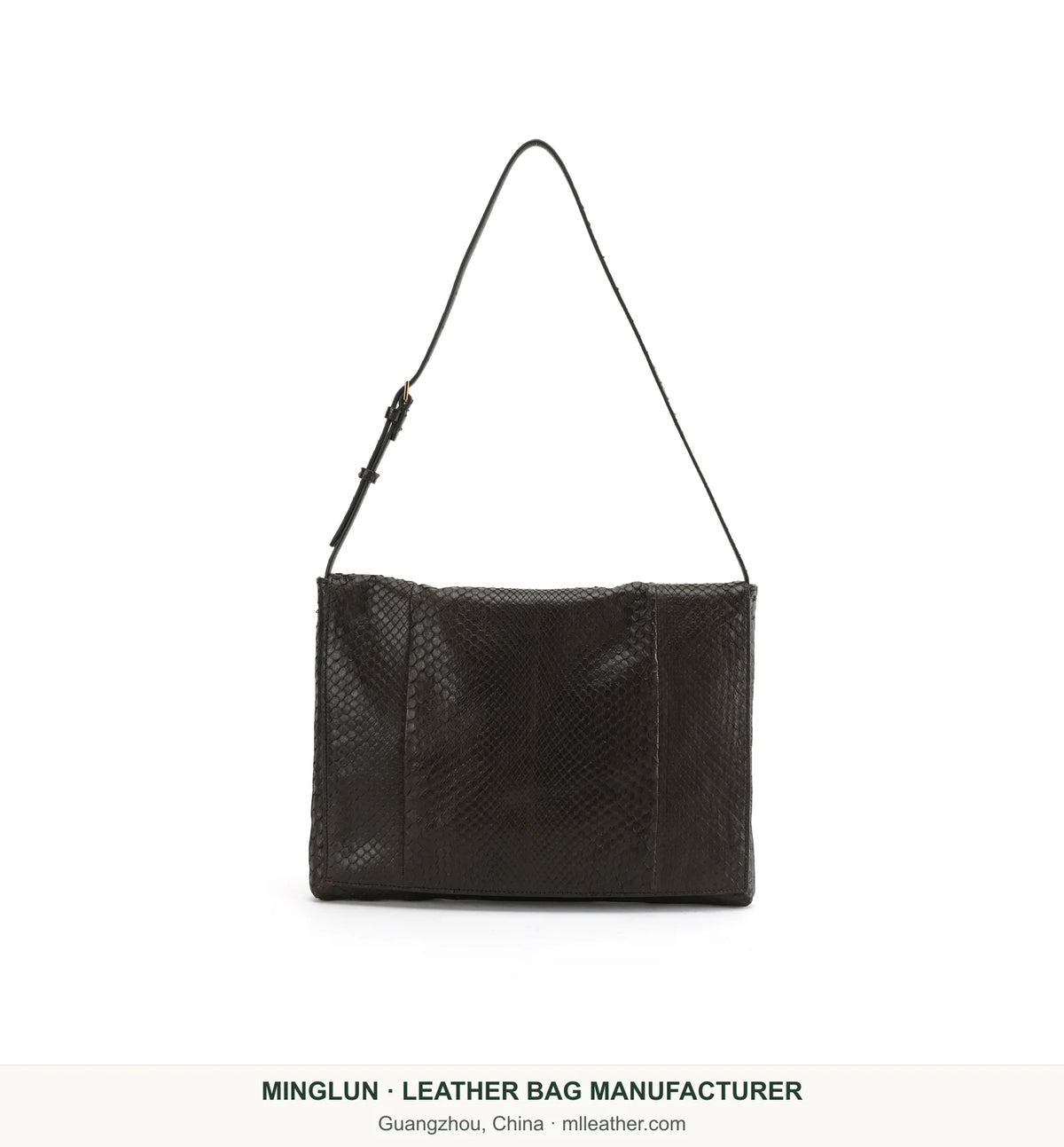 Dark brown snakeskin shoulder bag with an adjustable strap. MINGLUN manufacturer watermark at the bottom.