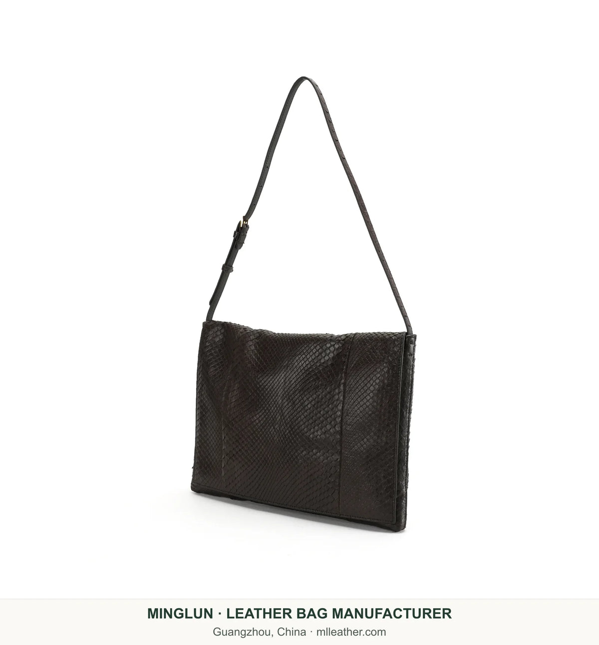 Dark brown snakeskin shoulder bag, three-quarter view. MINGLUN manufacturer watermark at the bottom.