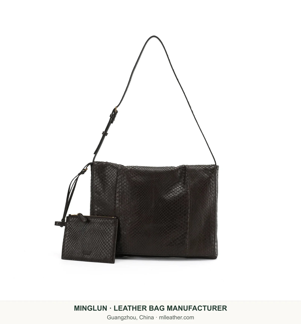 Dark brown snakeskin shoulder bag shown with a matching pouch. MINGLUN manufacturer watermark at the bottom.