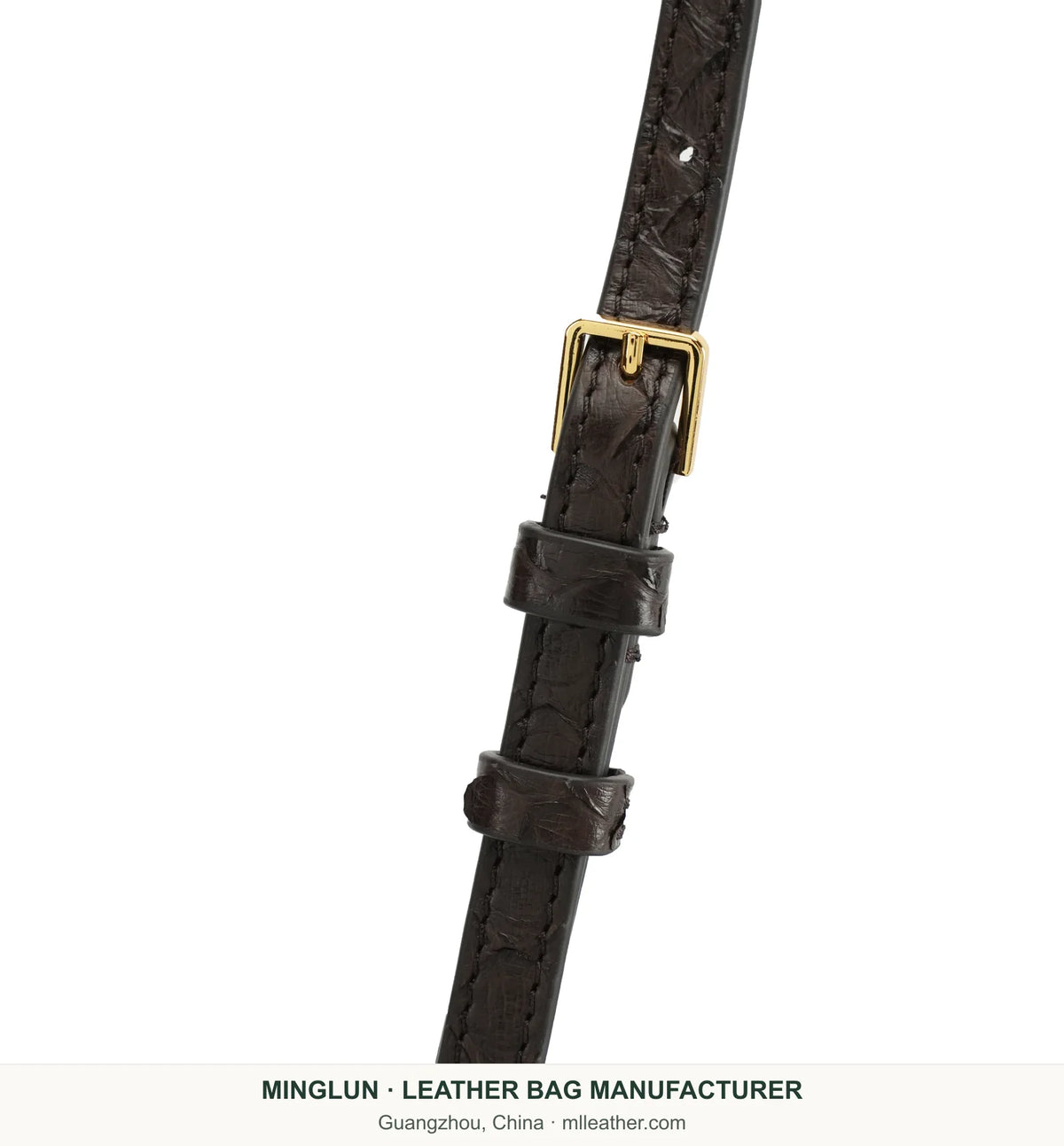 Close-up of adjustable strap and gold-tone buckle on a snakeskin shoulder bag. MINGLUN manufacturer watermark at the bottom.