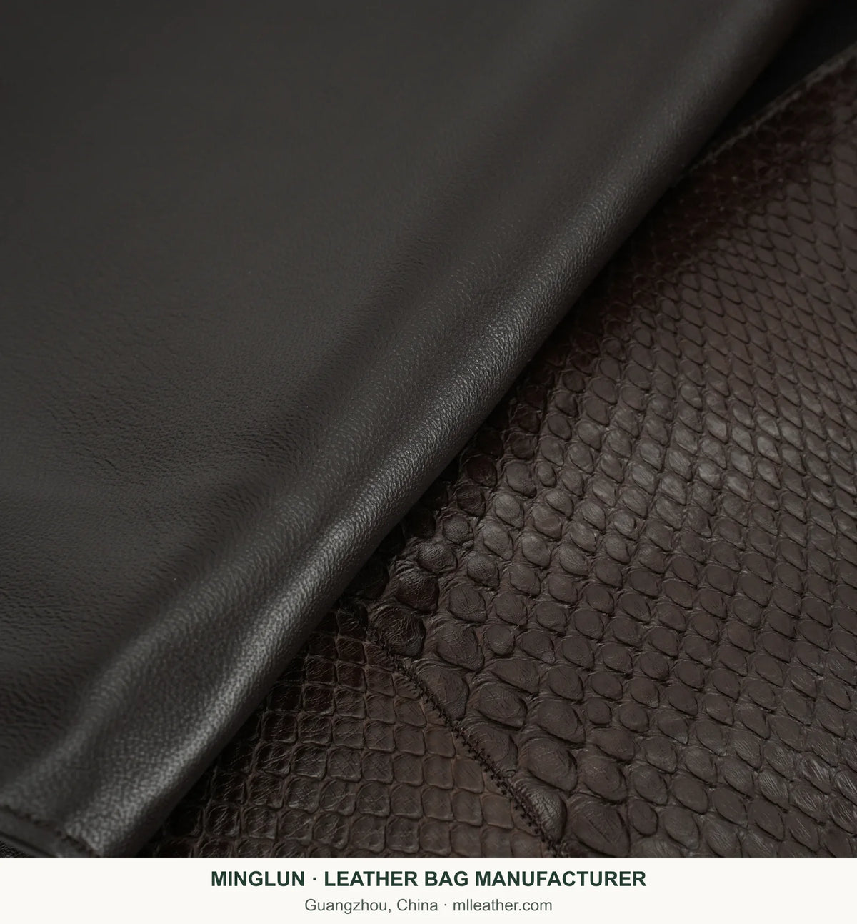 Close-up of scale-textured and smooth surfaces on the snakeskin bag. MINGLUN manufacturer watermark at the bottom.