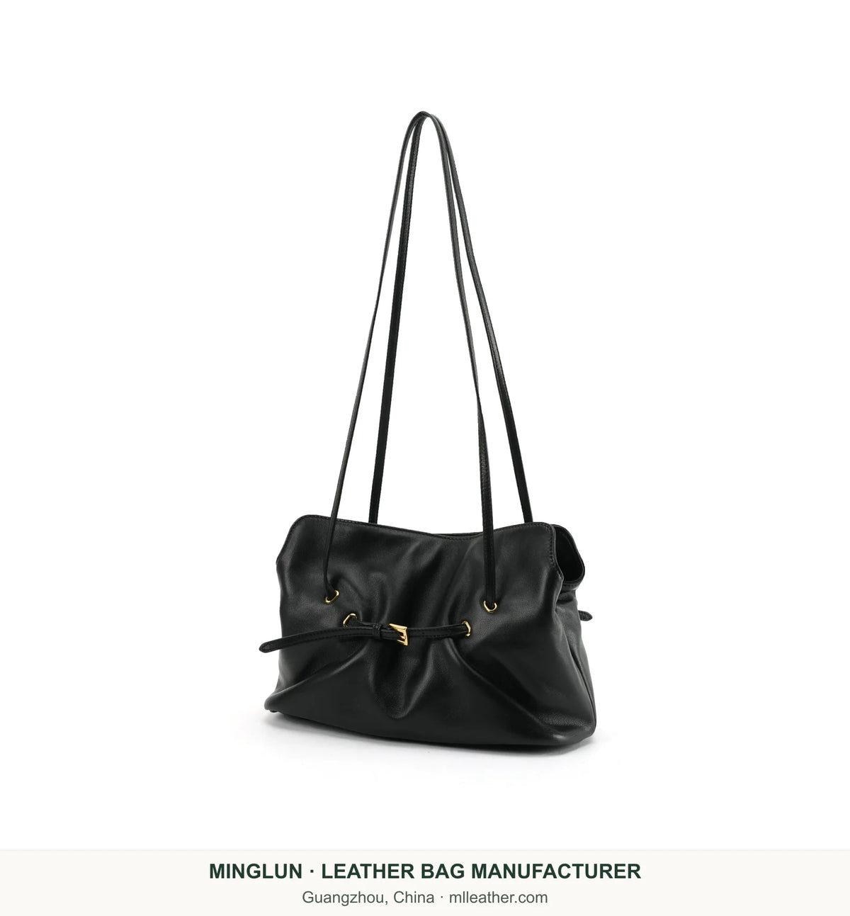 Black gathered sheepskin tote bag with long handles. MINGLUN manufacturer watermark at the bottom.
