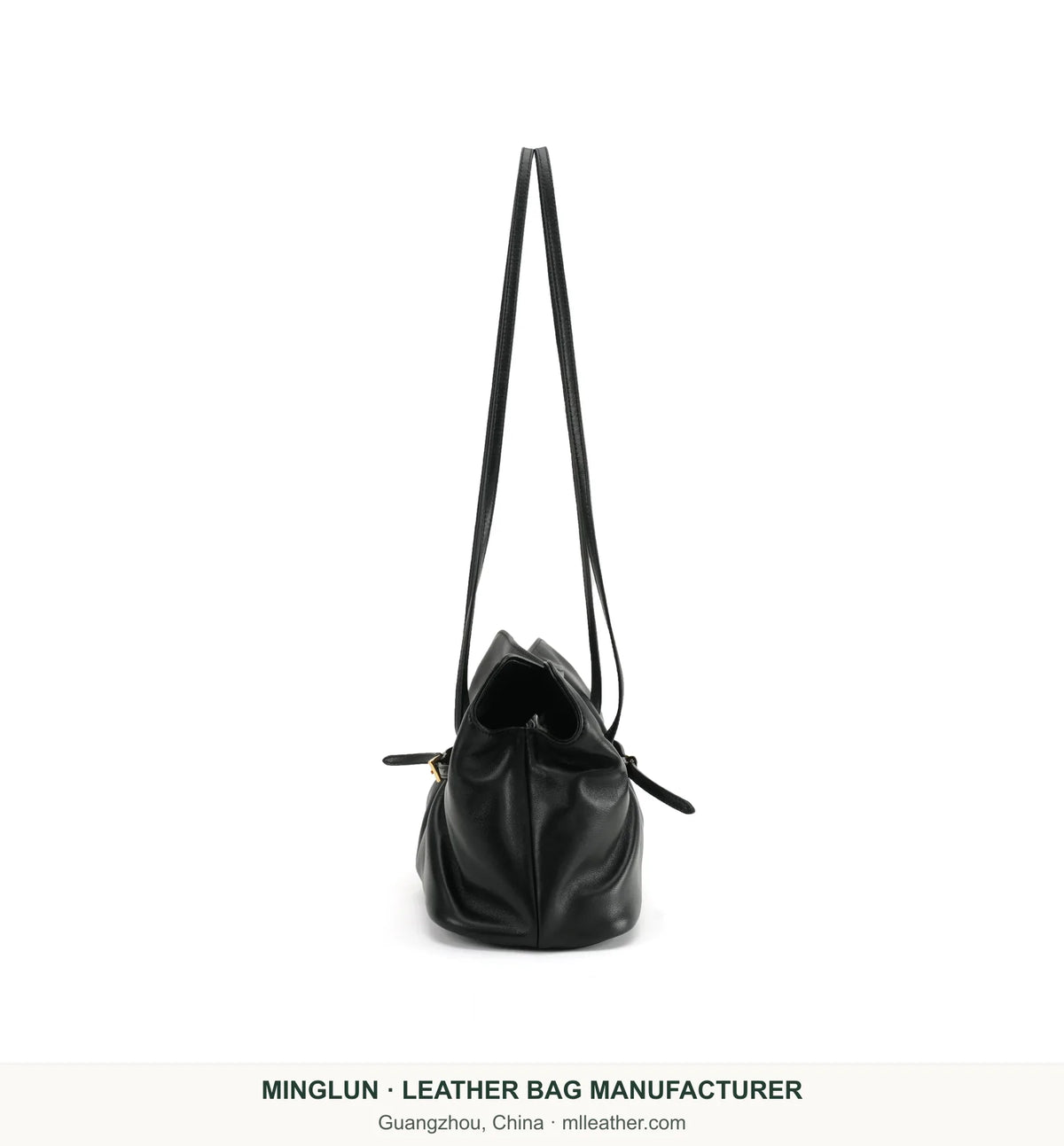 Black sheepskin tote bag, side view. MINGLUN manufacturer watermark at the bottom.