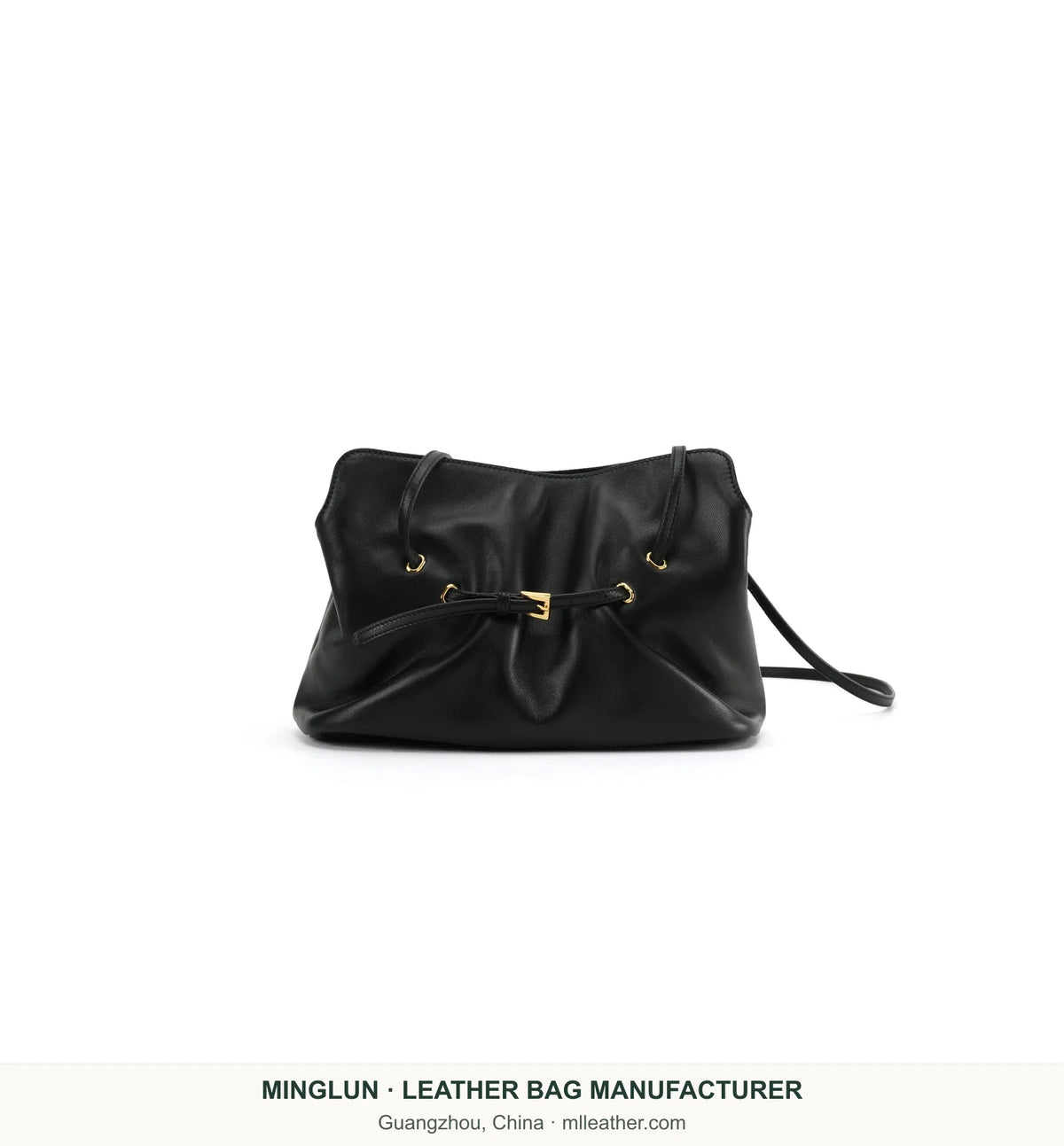 Black gathered sheepskin tote bag with handles lowered. MINGLUN manufacturer watermark at the bottom.