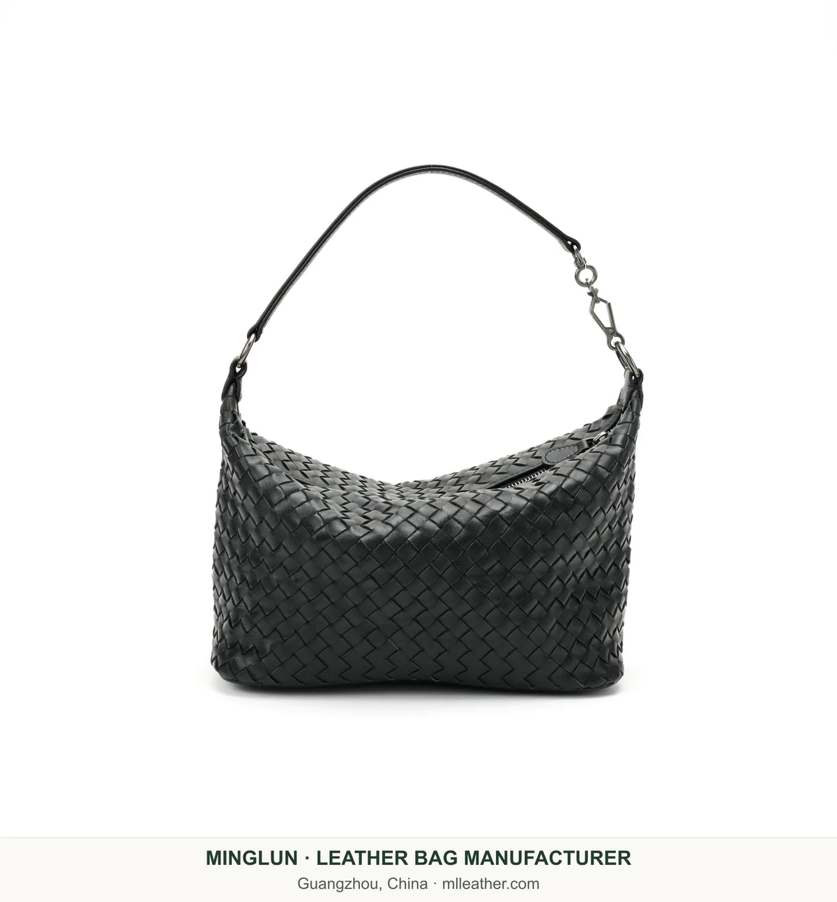 Black handwoven sheepskin shoulder bag, front view. MINGLUN manufacturer watermark at the bottom.