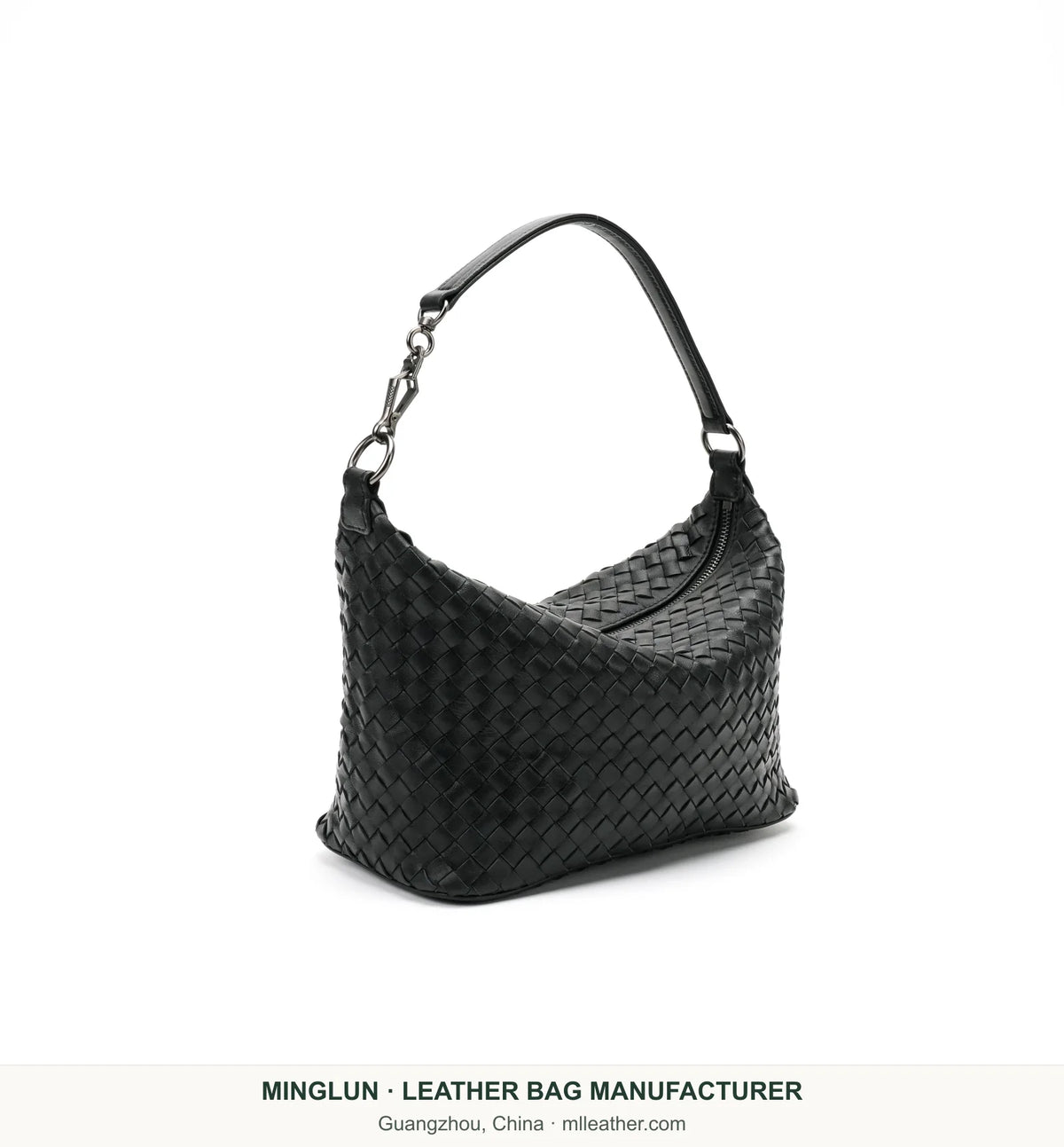 Black handwoven sheepskin shoulder bag, angled view. MINGLUN manufacturer watermark at the bottom.
