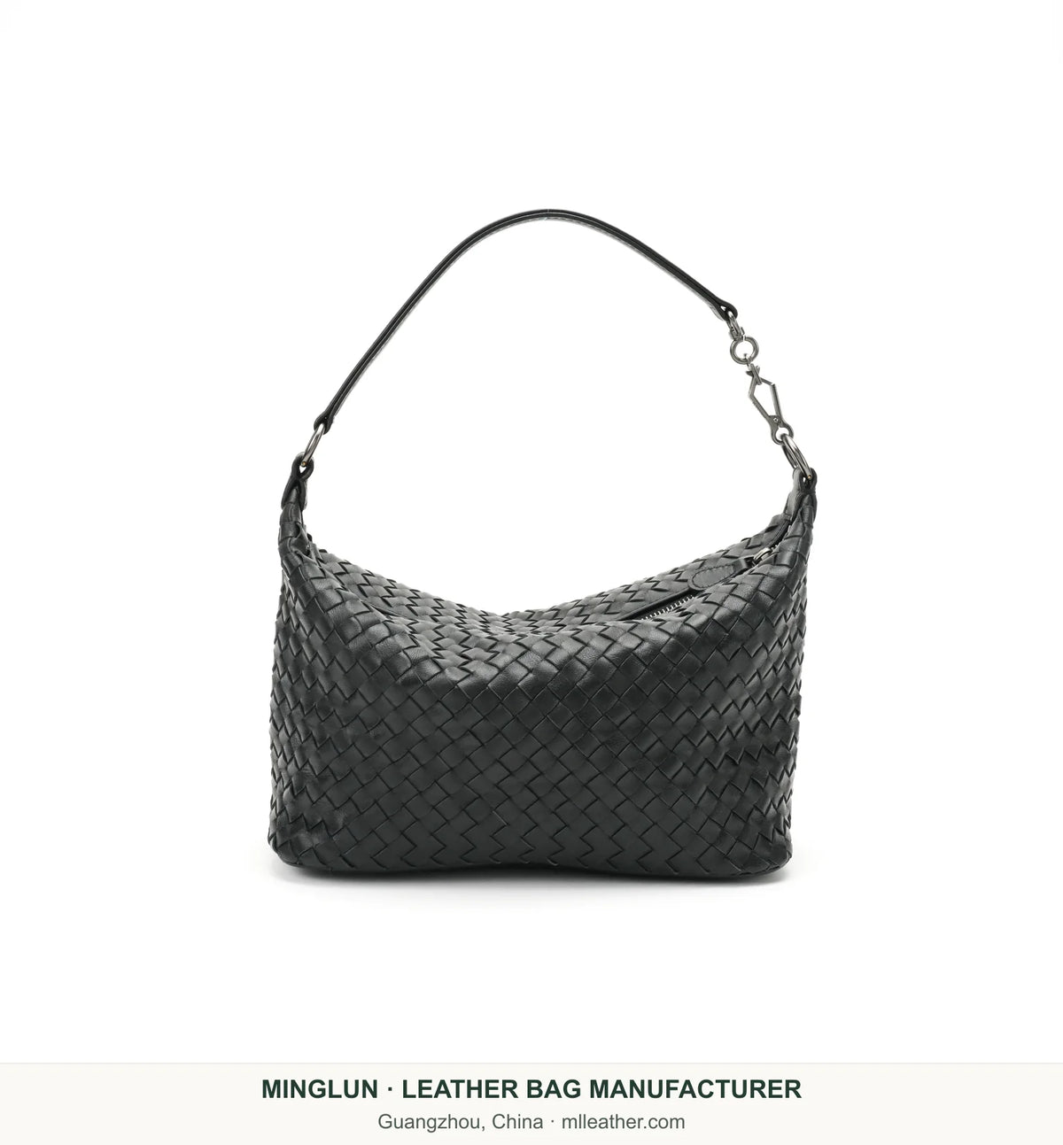 Black handwoven sheepskin shoulder bag, front view. MINGLUN manufacturer watermark at the bottom.