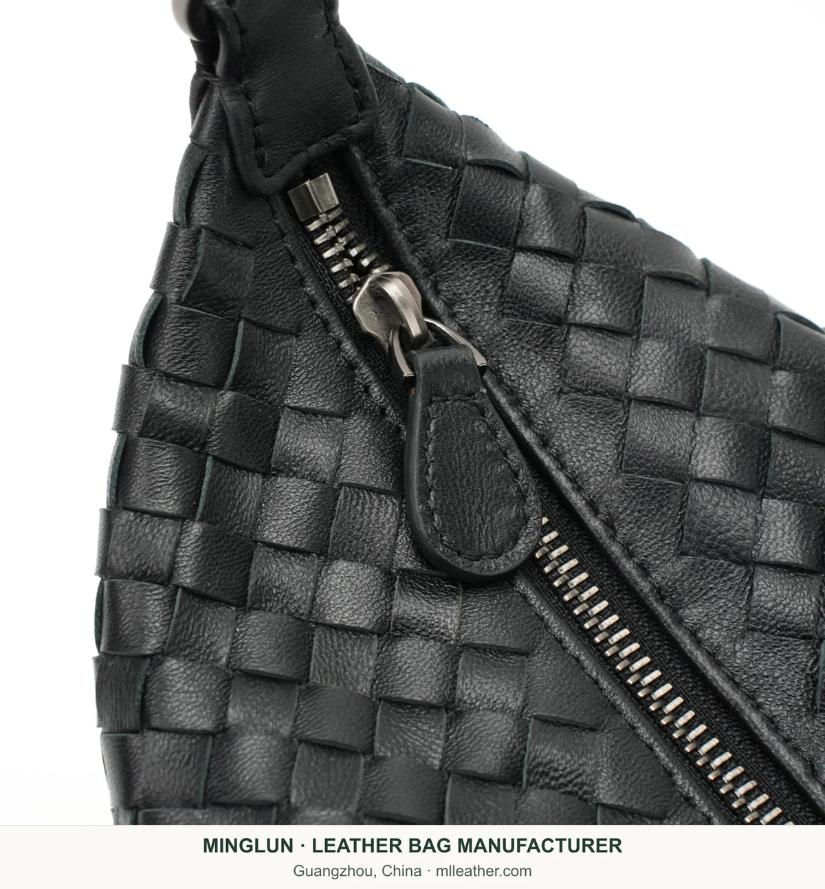 Zipper and handwoven sheepskin detail on black shoulder bag. MINGLUN manufacturer watermark at the bottom.