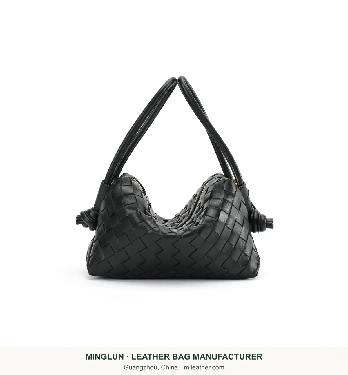 Black handwoven sheepskin shoulder bag with twin handles, front view. MINGLUN manufacturer watermark at the bottom.