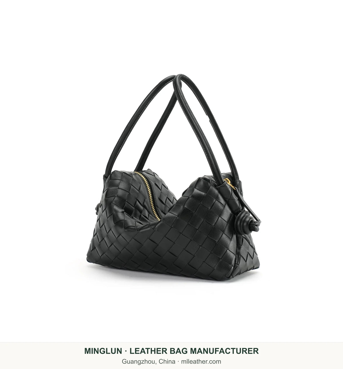 Black handwoven sheepskin shoulder bag, angled view. MINGLUN manufacturer watermark at the bottom.