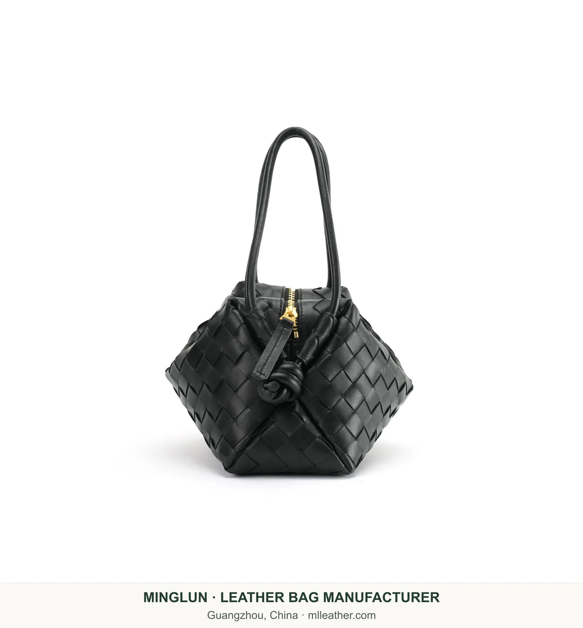 Side view of black handwoven sheepskin bag with zipper and knot. MINGLUN manufacturer watermark at the bottom.