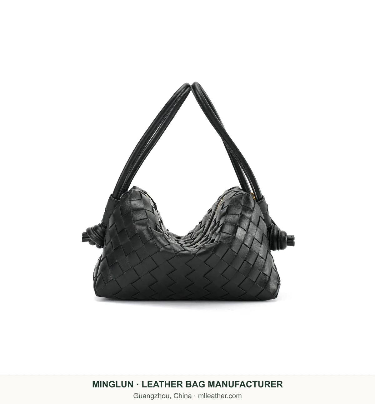 Black handwoven sheepskin shoulder bag with twin handles, front view. MINGLUN manufacturer watermark at the bottom.