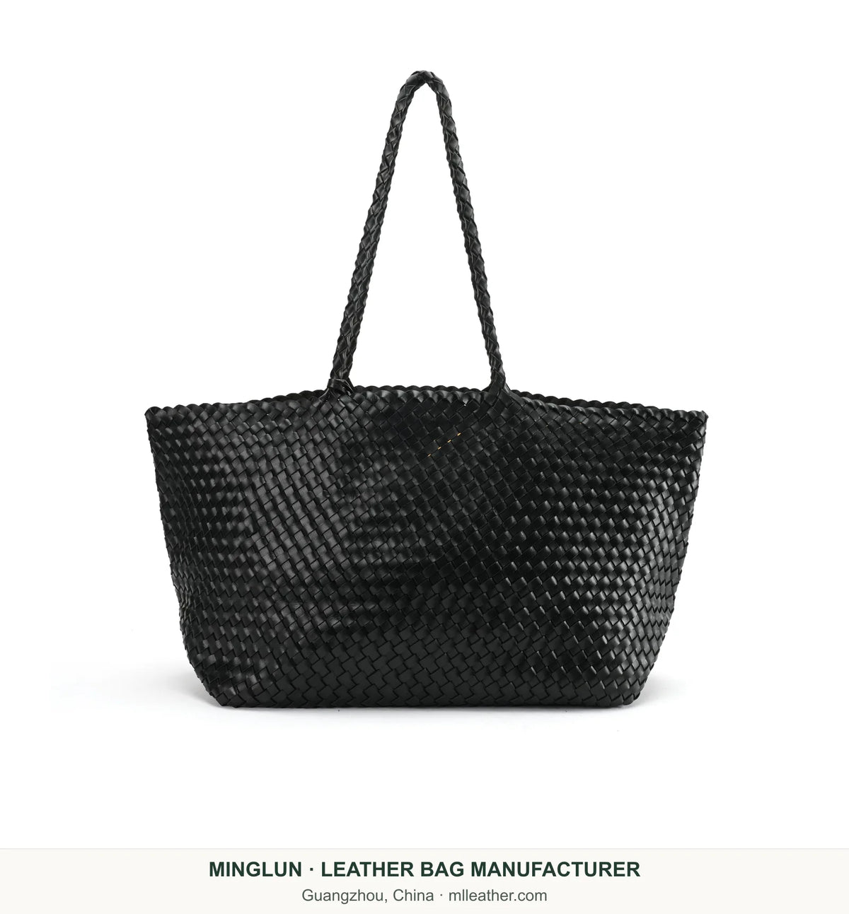 Black handwoven vegetable-tanned leather tote bag with braided handles, front view. MINGLUN manufacturer watermark at the bottom.