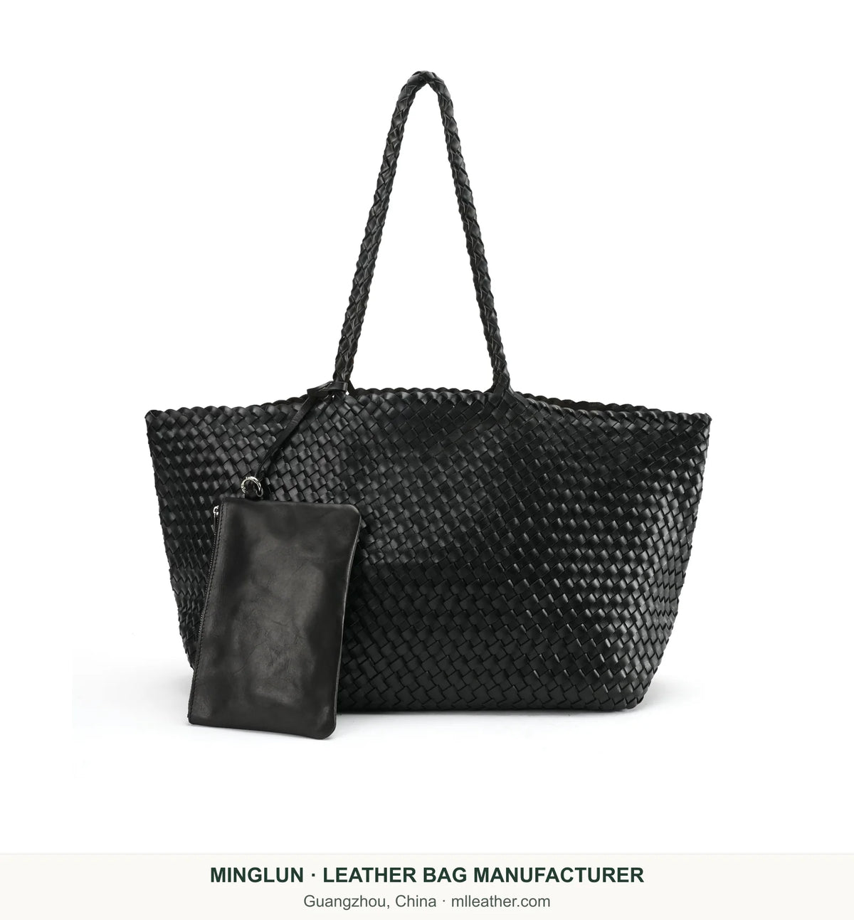 Black handwoven vegetable-tanned leather tote bag shown with a small zip pouch. MINGLUN manufacturer watermark at the bottom.