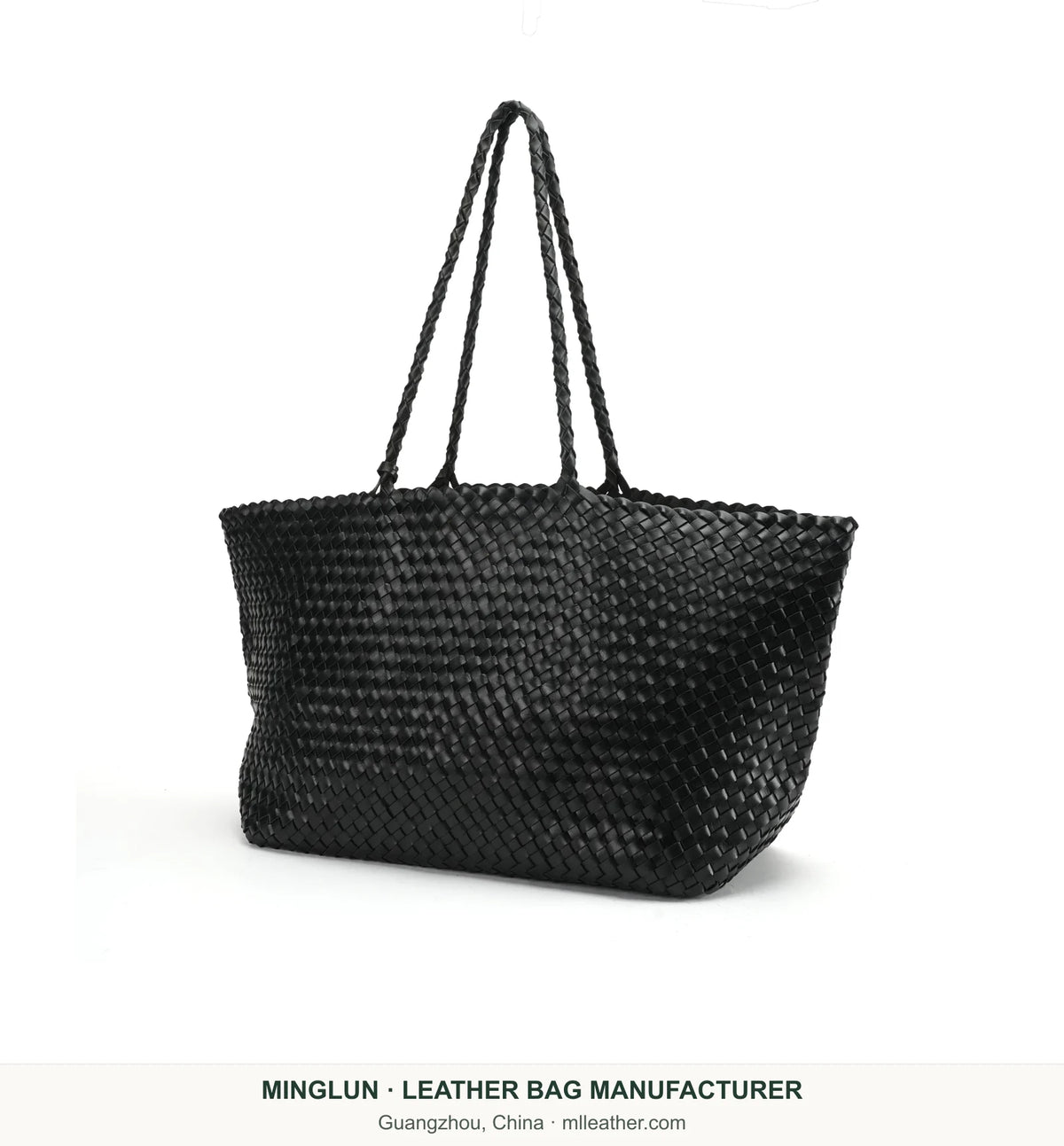 Black handwoven vegetable-tanned leather tote bag, angled view. MINGLUN manufacturer watermark at the bottom.
