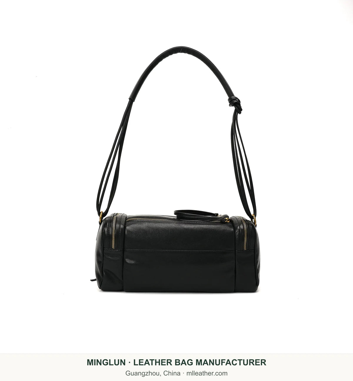 Black leather Boston shoulder bag, rear view. MINGLUN manufacturer watermark at the bottom.