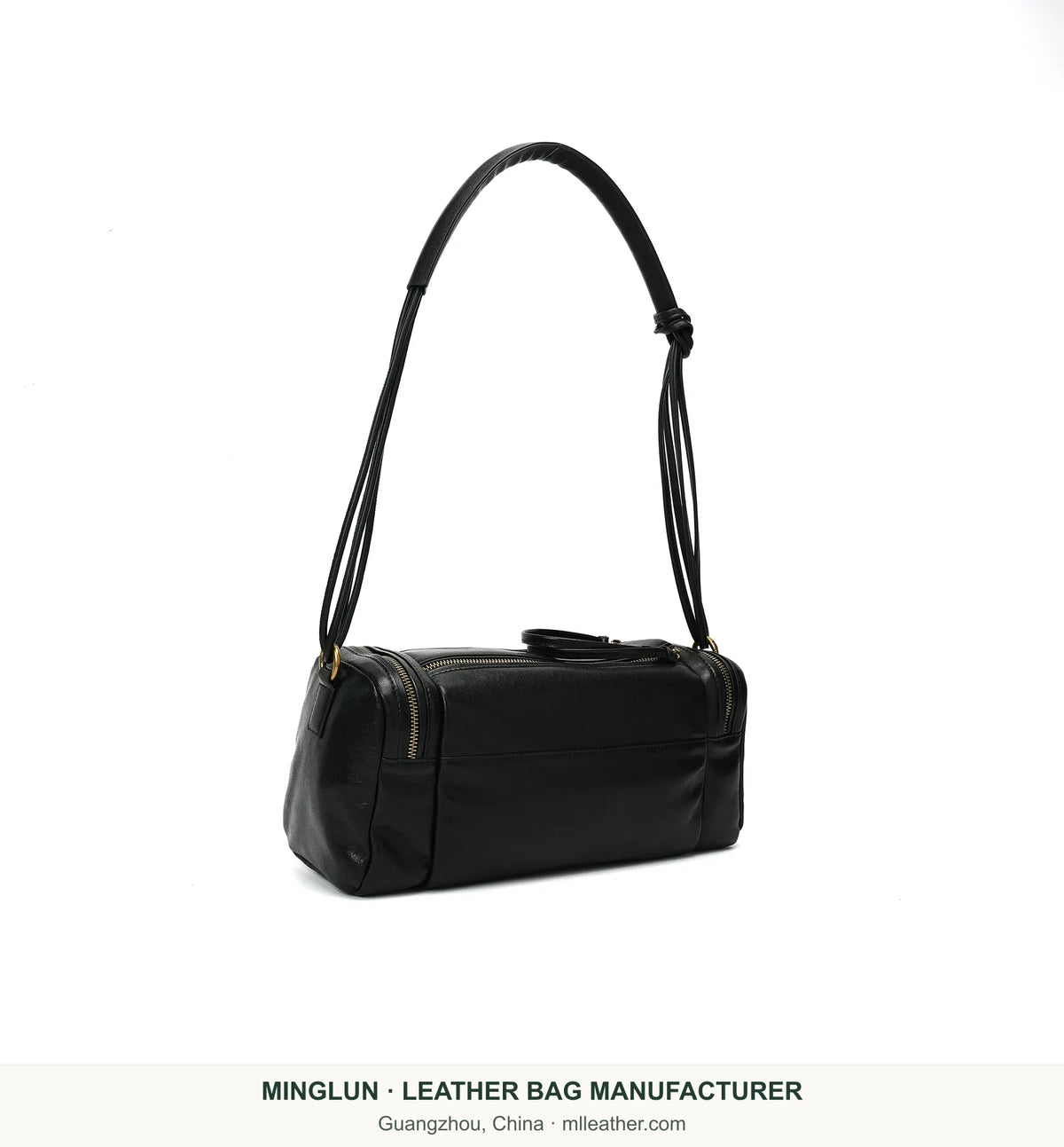 Black leather Boston shoulder bag, rear three-quarter view. MINGLUN manufacturer watermark at the bottom.