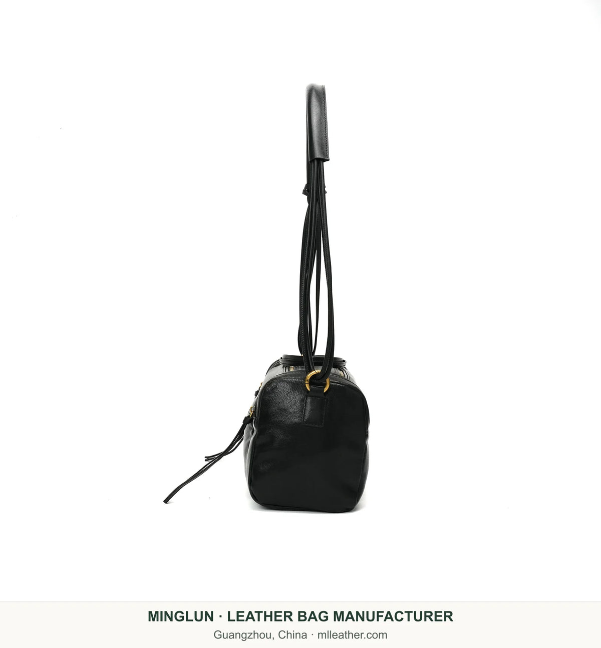 Black leather Boston shoulder bag, side view. MINGLUN manufacturer watermark at the bottom.