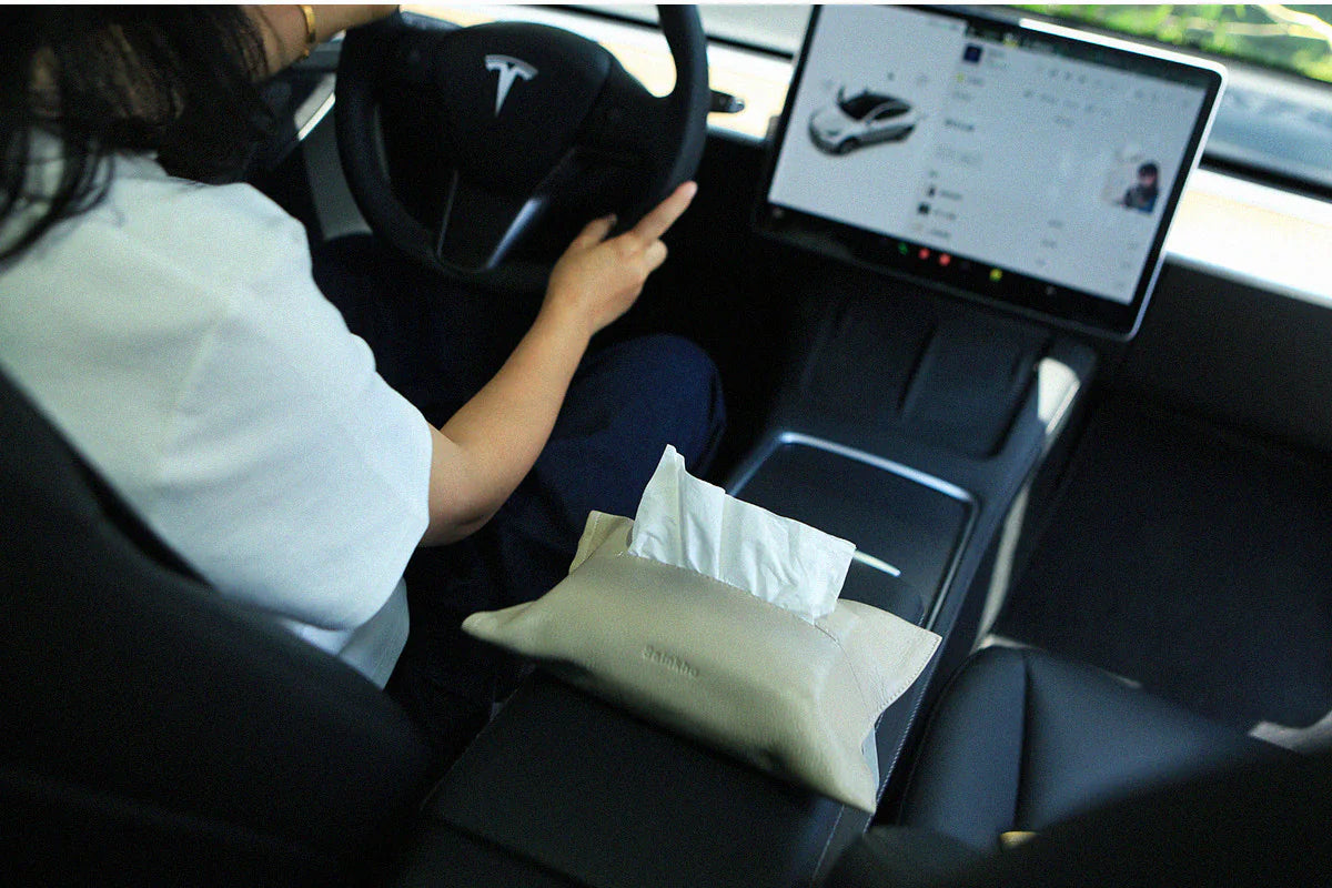 Cream leather tissue holder resting on a car centre armrest with tissues in the opening