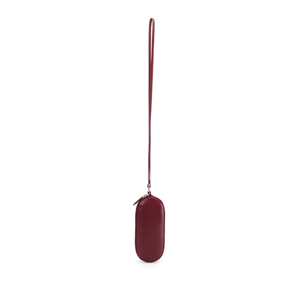 Front view of a burgundy leather eyeglass pouch hanging from its long matching strap