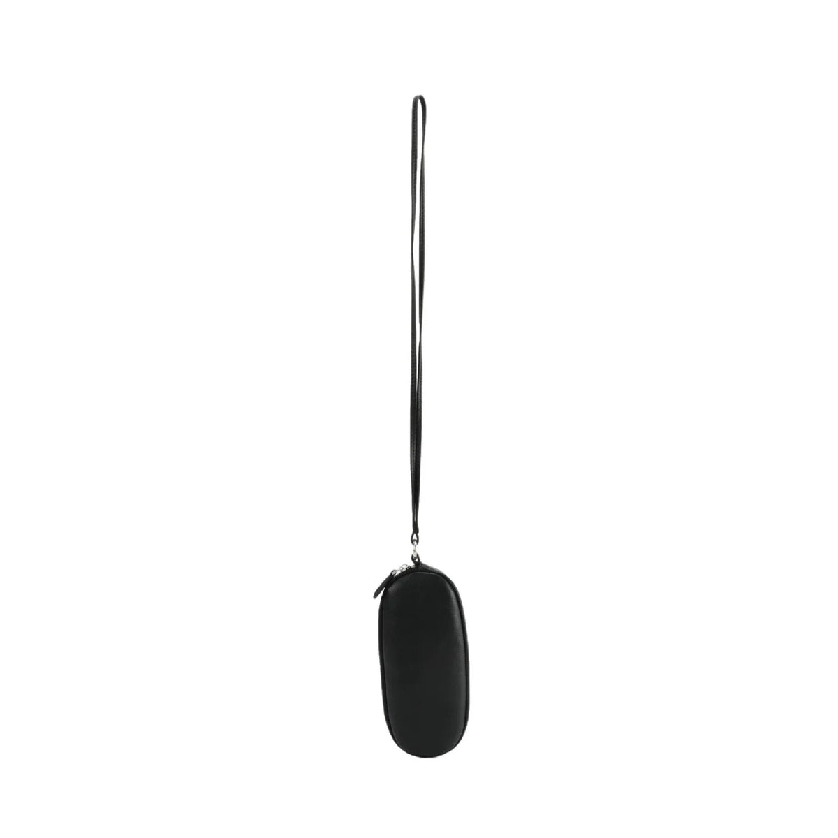 Black leather eyeglass pouch suspended from a narrow matching strap on a white background