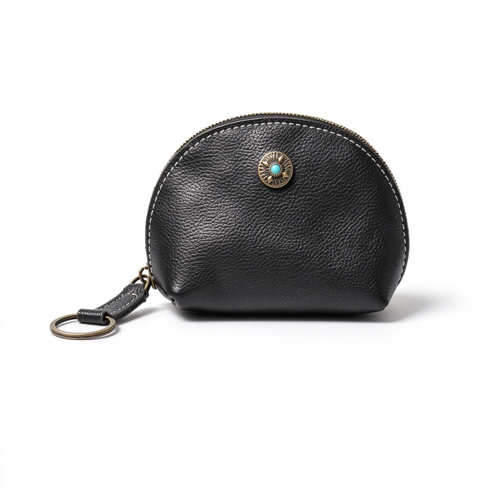 Black leather zip key and coin pouch standing upright with its attached key ring