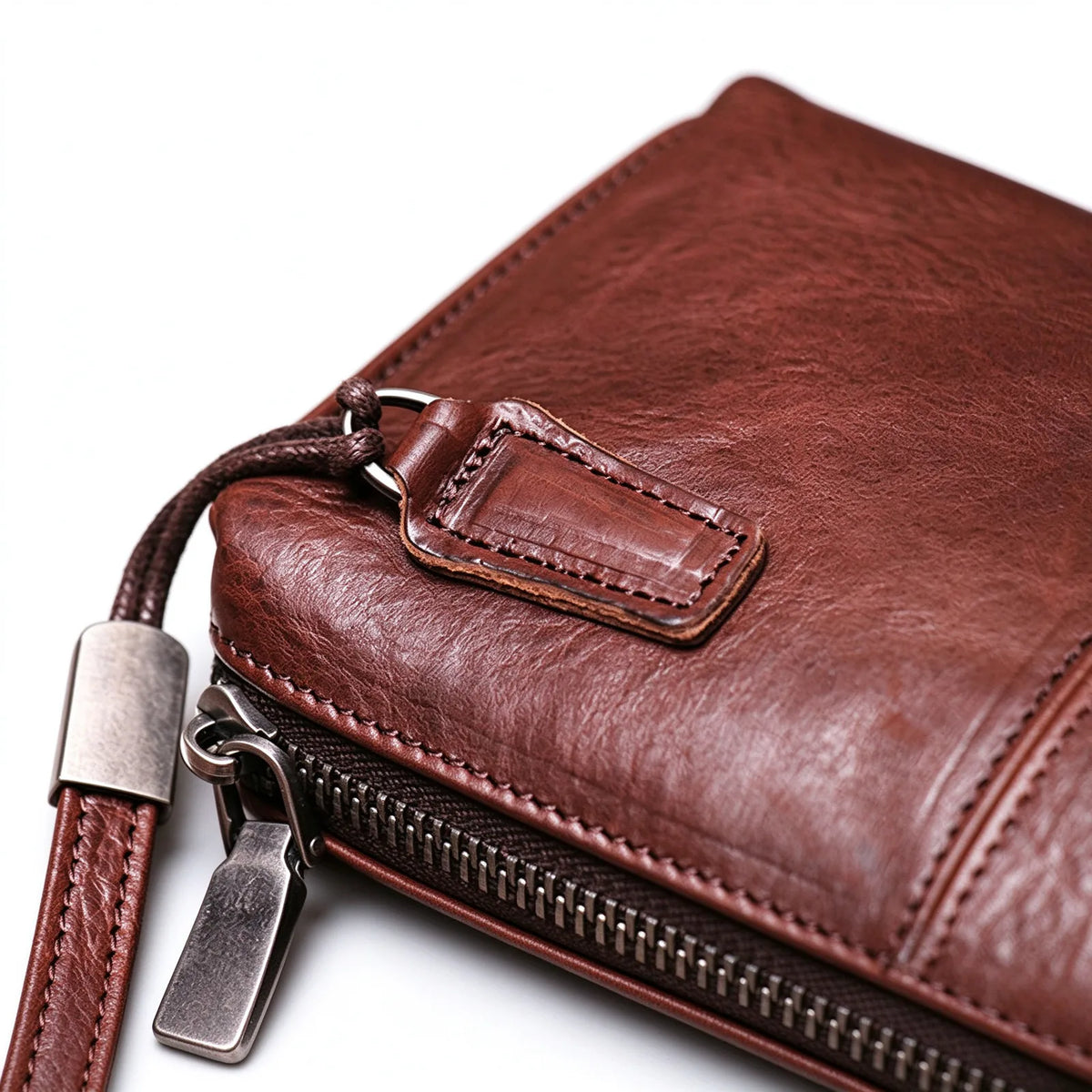 Close-up of the wrist-loop attachment, stitching and zip on a red-brown leather long wallet