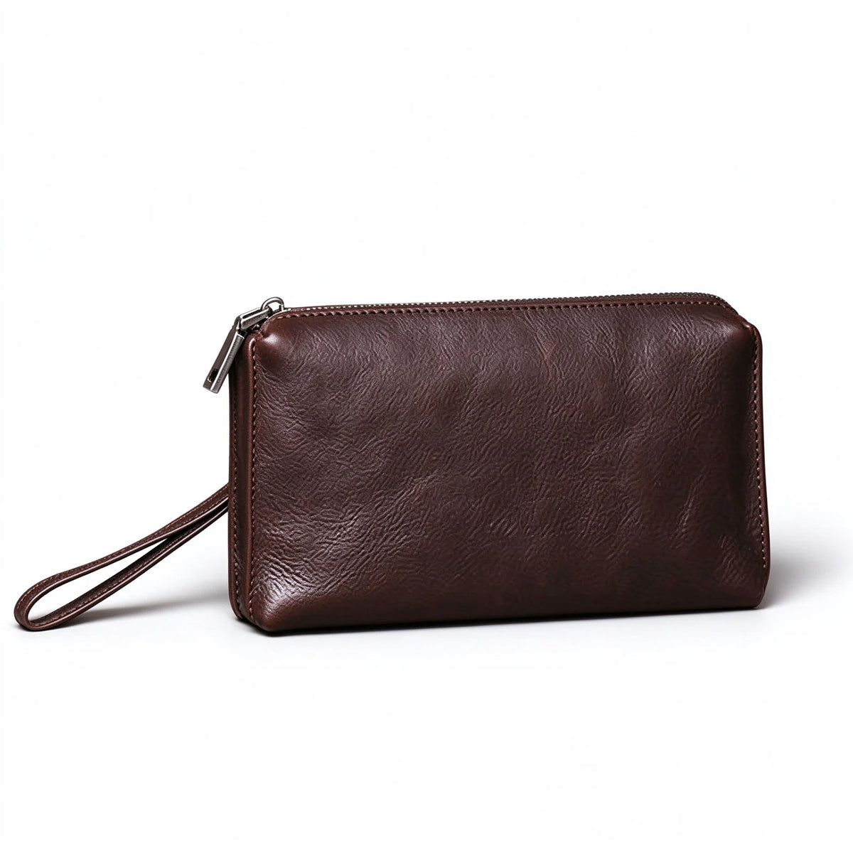 Dark brown leather long wallet and phone wristlet with a zip closure and matching wrist loop