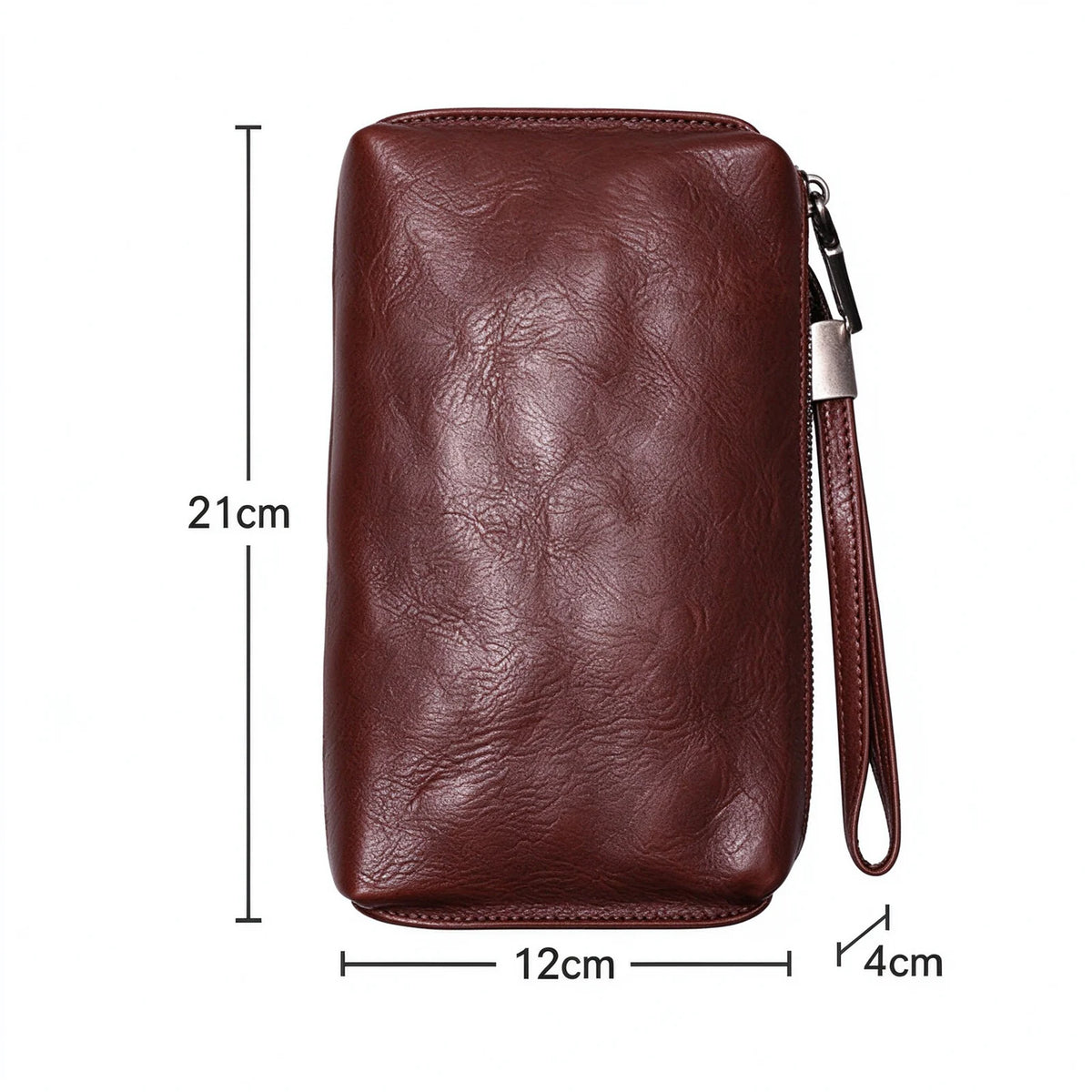 Red-brown leather long wallet and phone wristlet shown with dimension guide lines