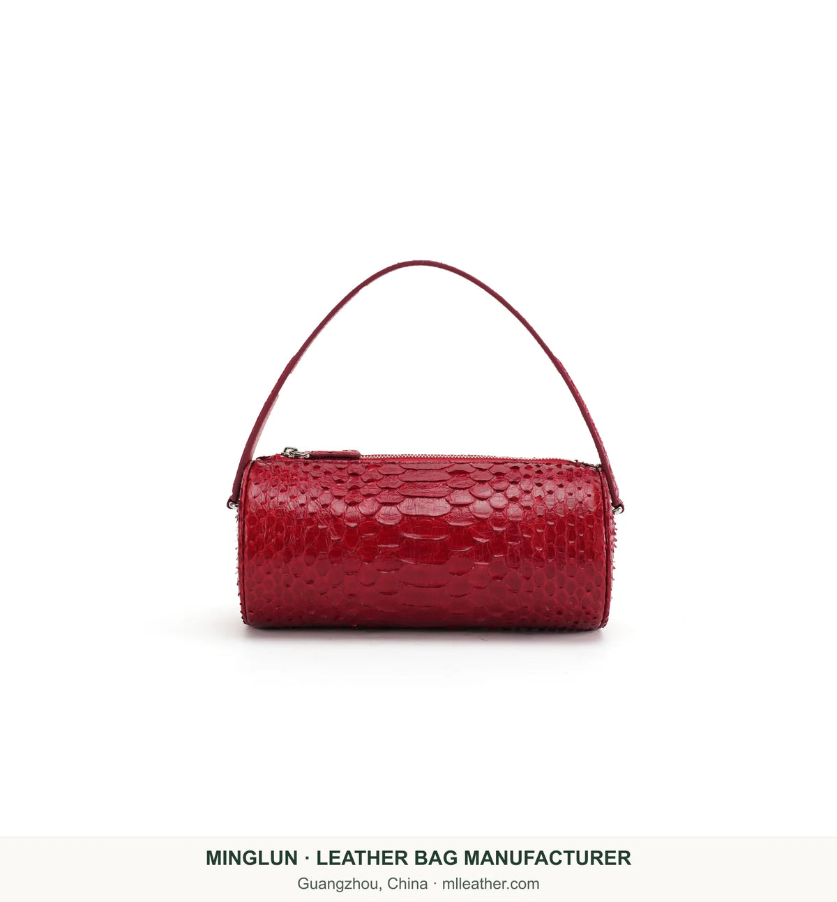 Red python leather barrel bag with a single strap, front view. MINGLUN manufacturer watermark at the bottom.