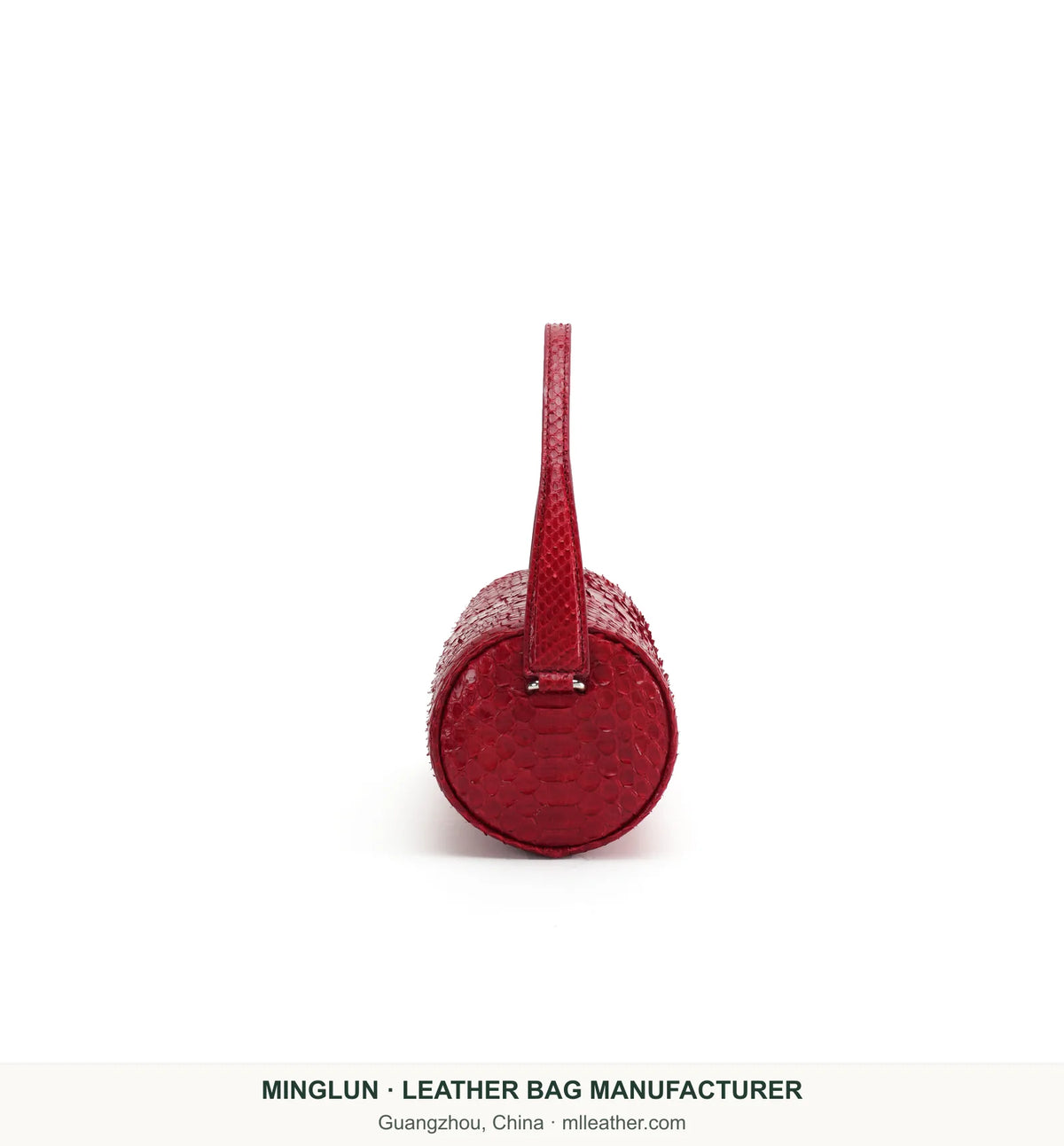 Circular end view of red python leather barrel bag. MINGLUN manufacturer watermark at the bottom.