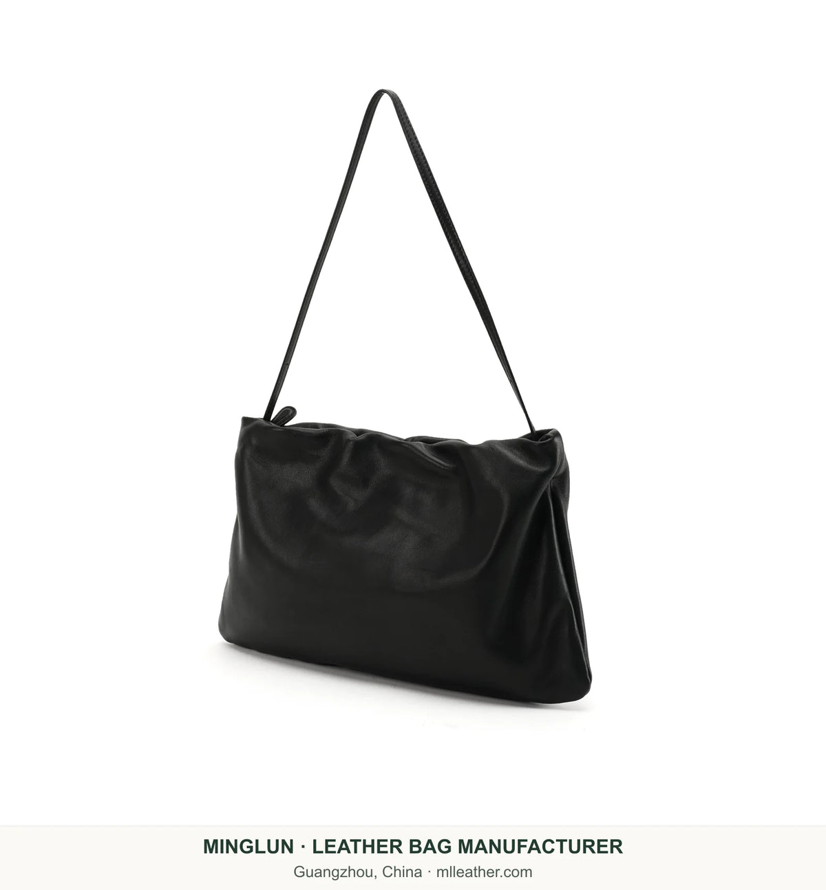 Black gathered sheepskin shoulder bag, angled view. MINGLUN manufacturer watermark at the bottom.