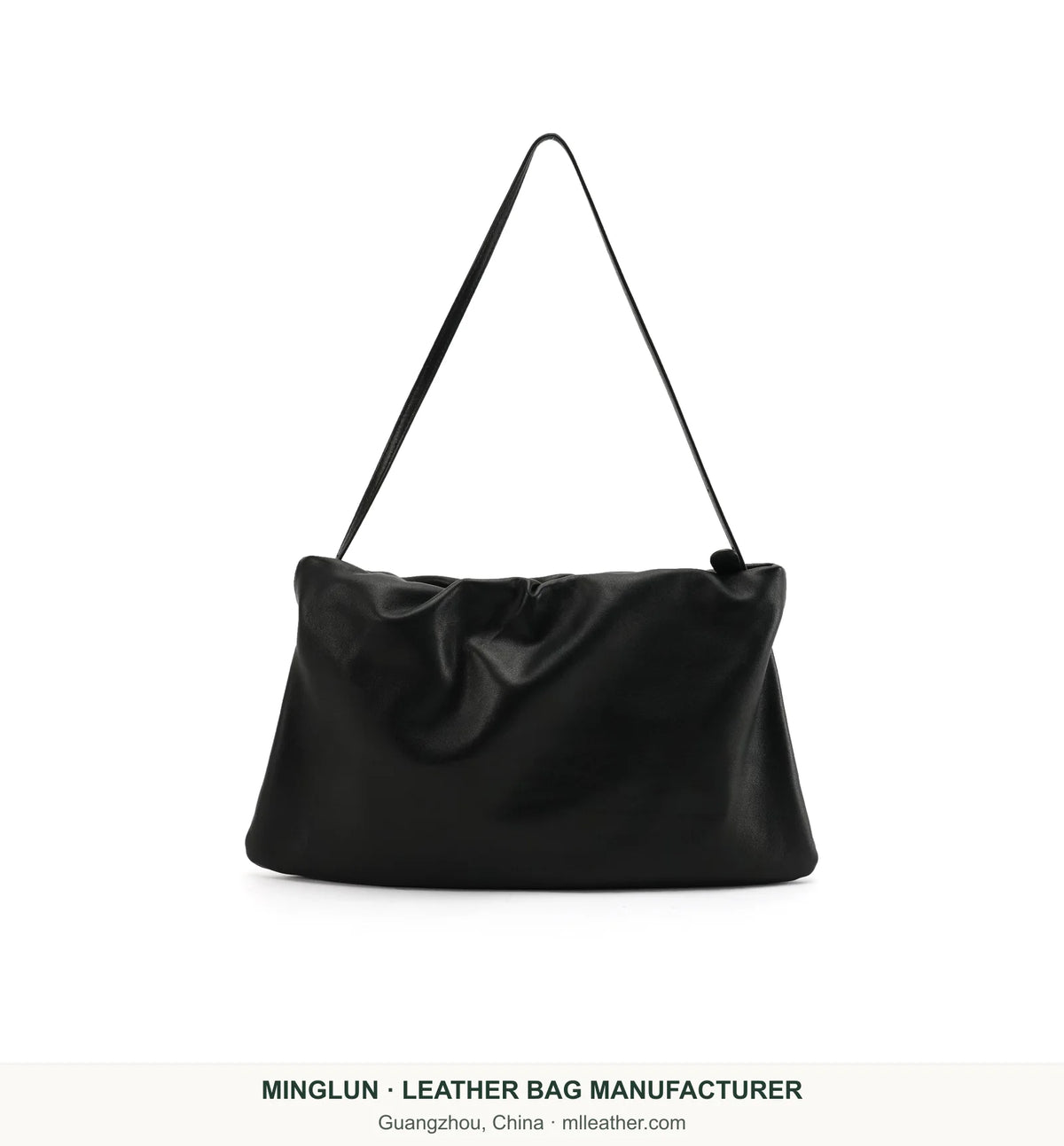 Black gathered sheepskin shoulder bag, front view. MINGLUN manufacturer watermark at the bottom.